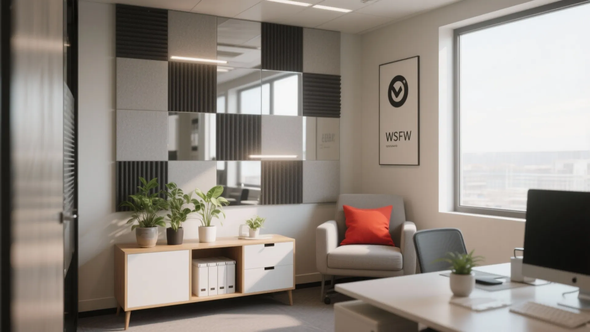 Small private office with grey chair red pillow white cabinet plants and checkered wall panel design