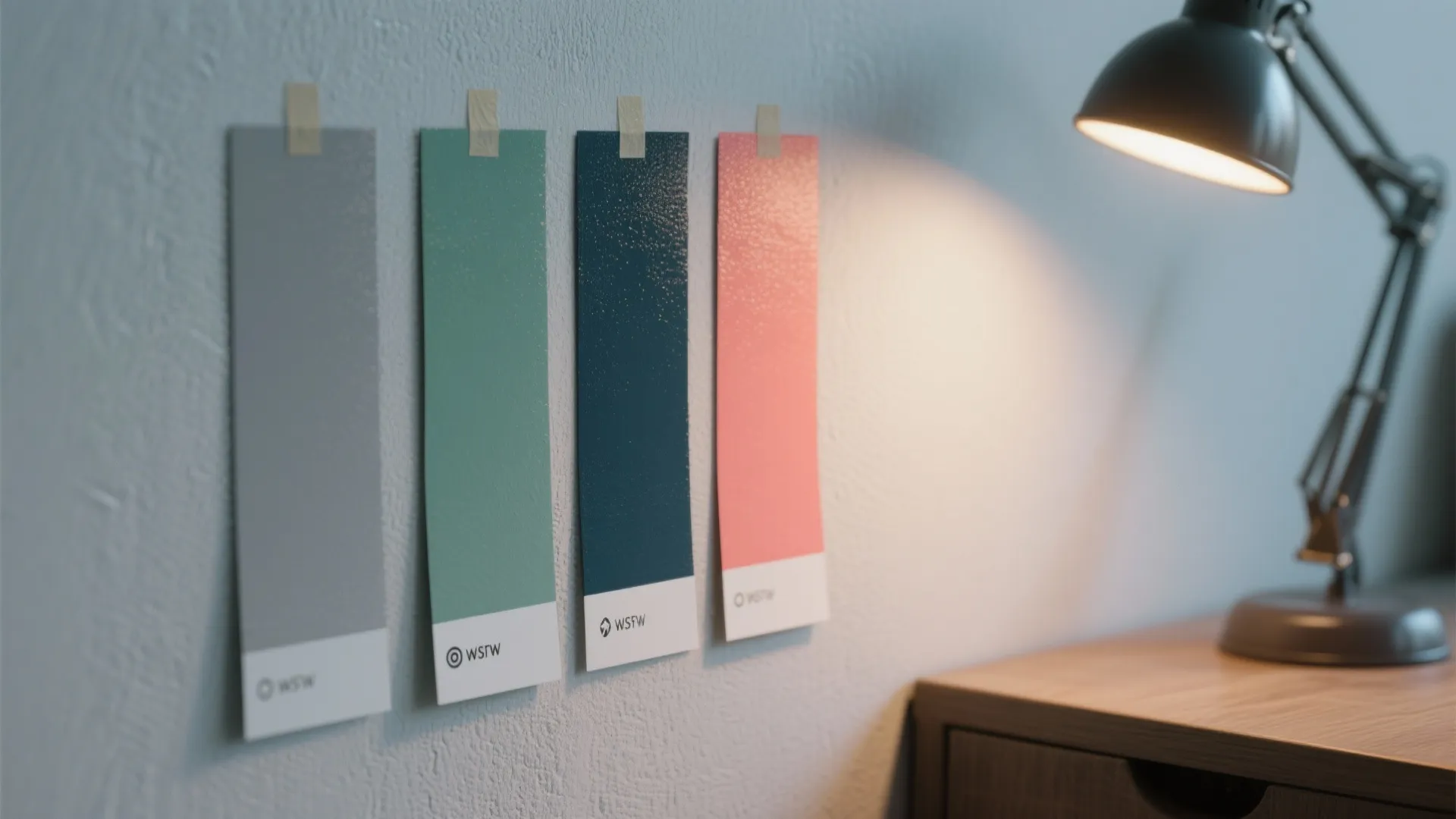 Four colorful paint samples taped to a wall next to a lit black desk lamp