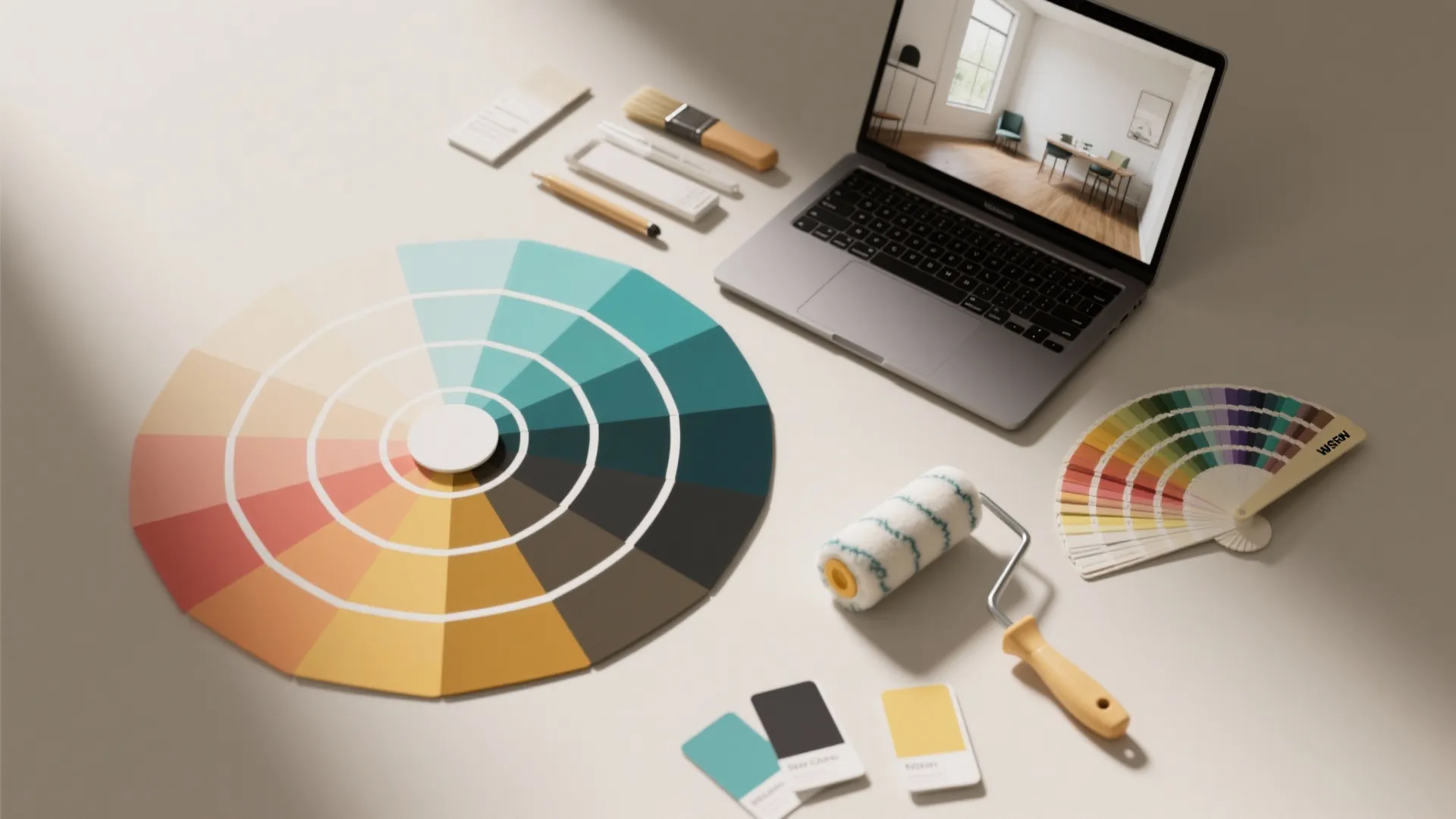 Laptop showing room design next to large color wheel paint roller and professional color swatches