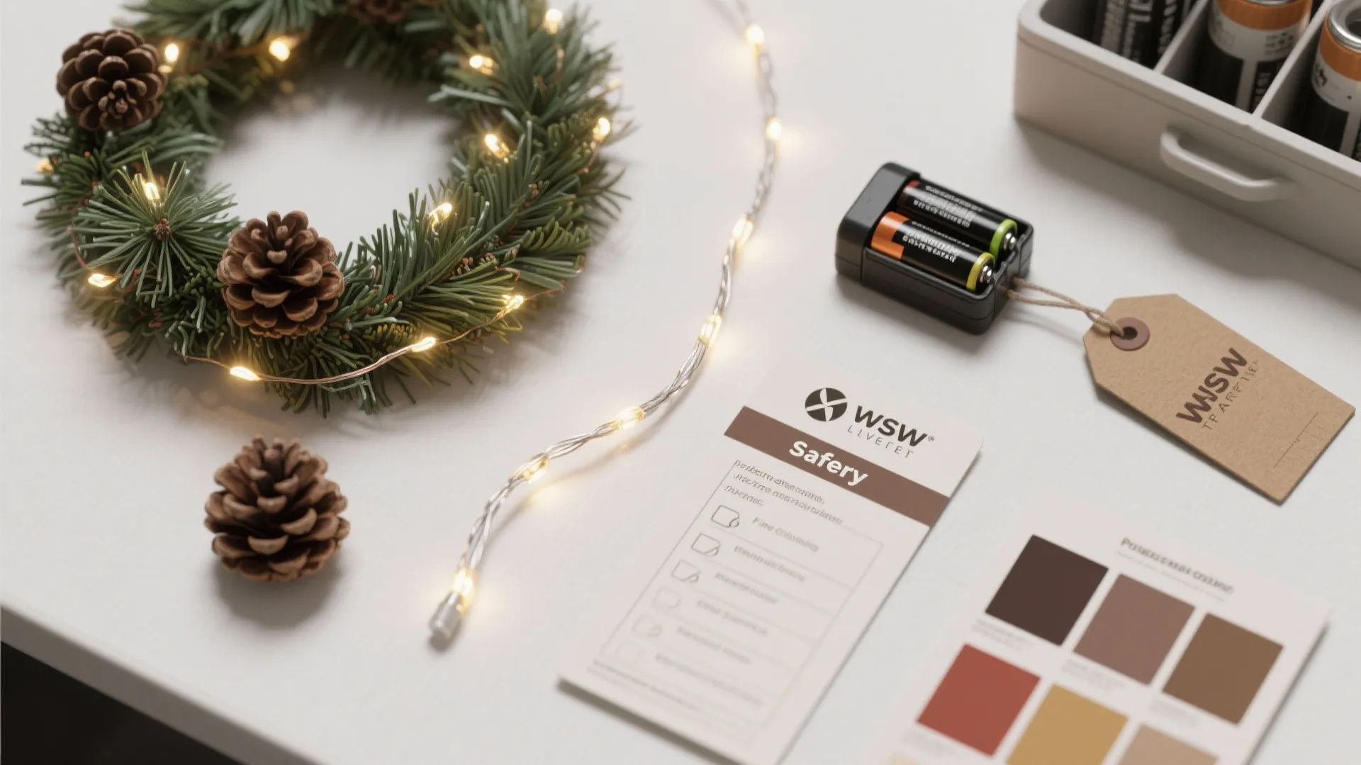Table with a green pine wreath string lights pine cones batteries and a paper safety guide