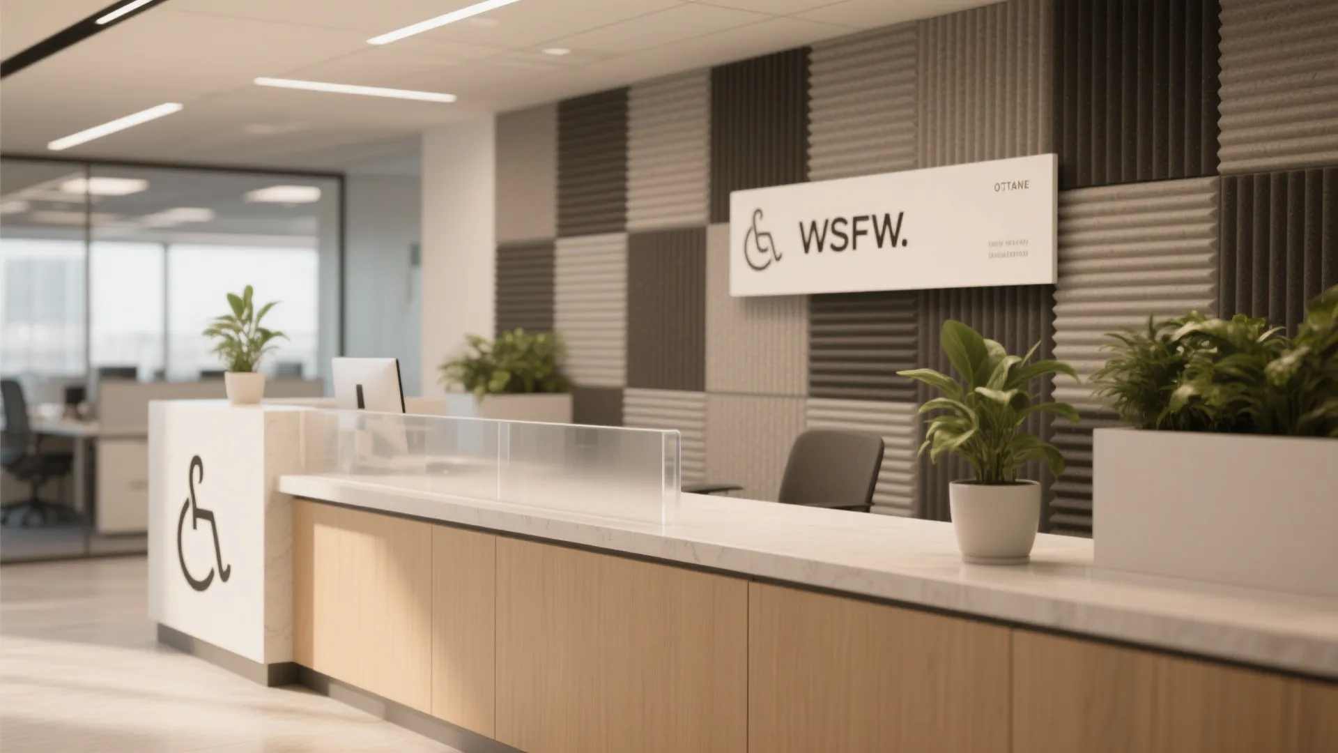 Modern office reception desk with wood finish green plants and grey textured acoustic wall panel background