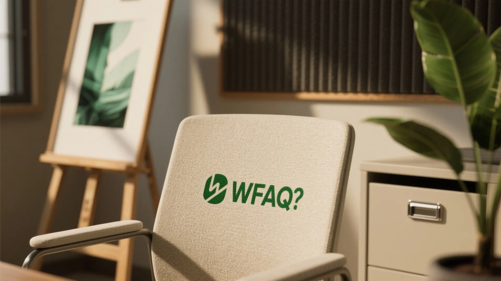 Close-up of branded textile, portable acoustic panel fabric, easel artwork and a plant leaf illustrating removable styling for rentals.