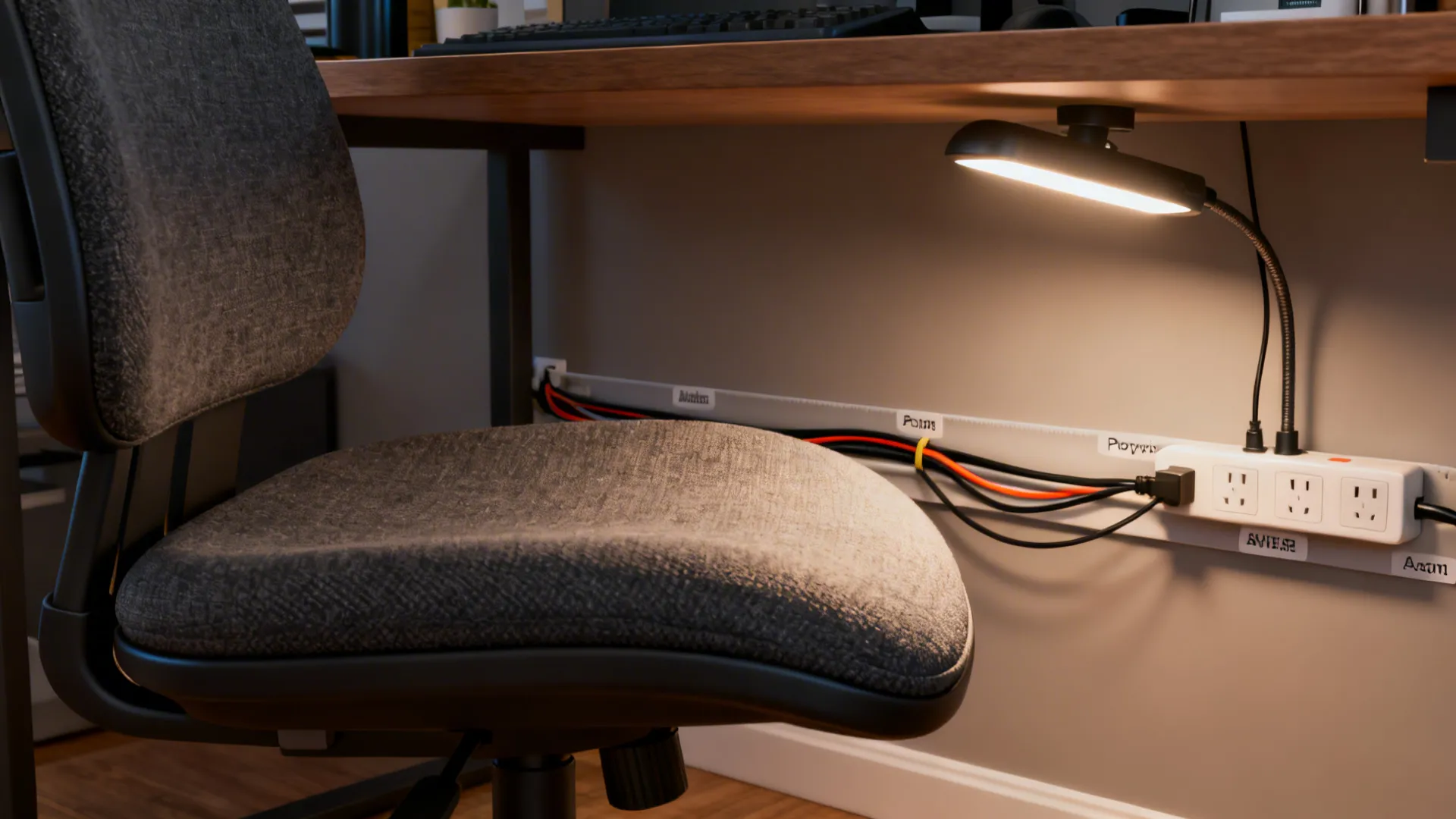 Close-up of ergonomic seat cushion, cable management channel and labeled cords under a desk.