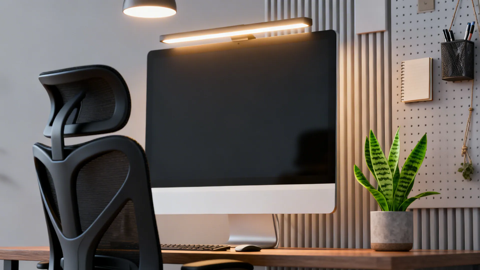 Ergonomic chair, monitor at eye level, LED panel and pegboard with minimal accessories.