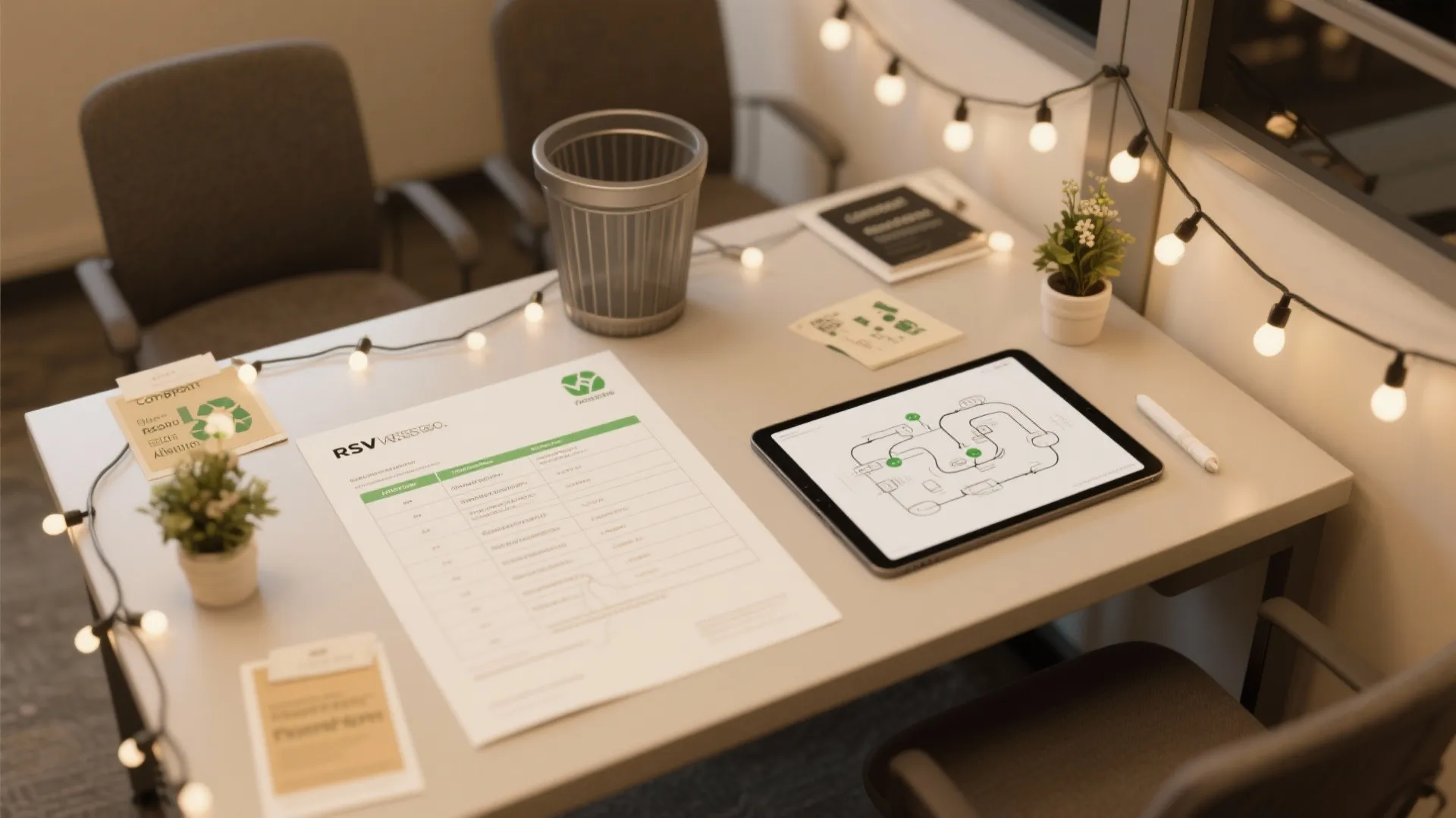 Office desk with tablet showing floor plan layout alongside paper documents and small potted plants