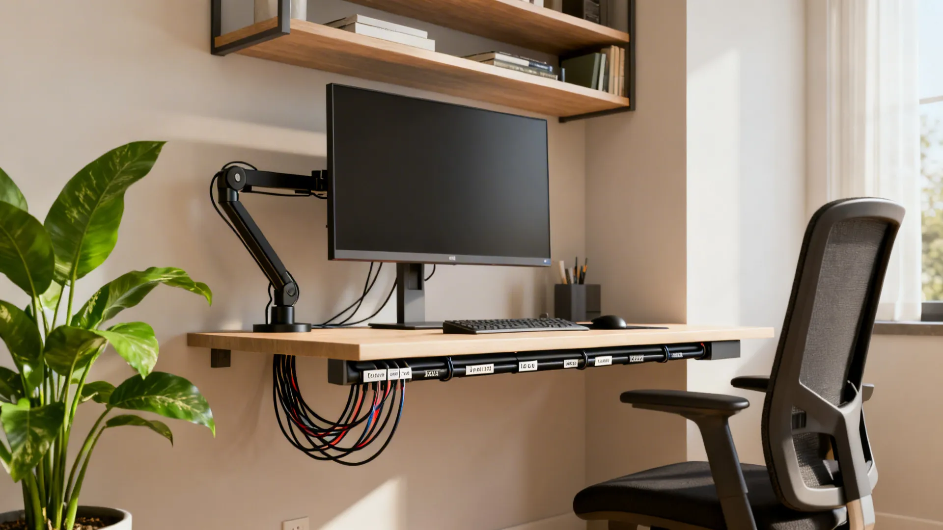 Ergonomic small office setup showing cable management, reachable shelves, and monitor placement.