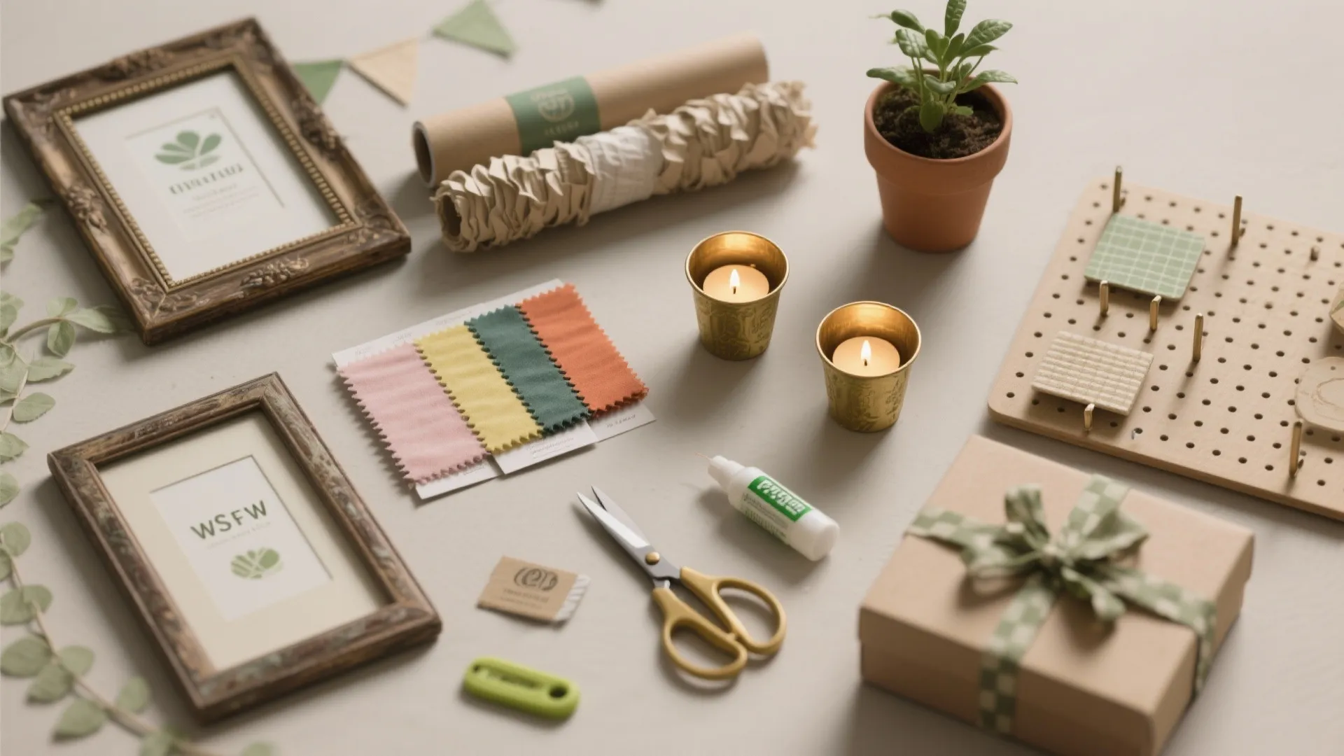 Craft table with picture frames fabric samples gold candles scissors glue and a brown box