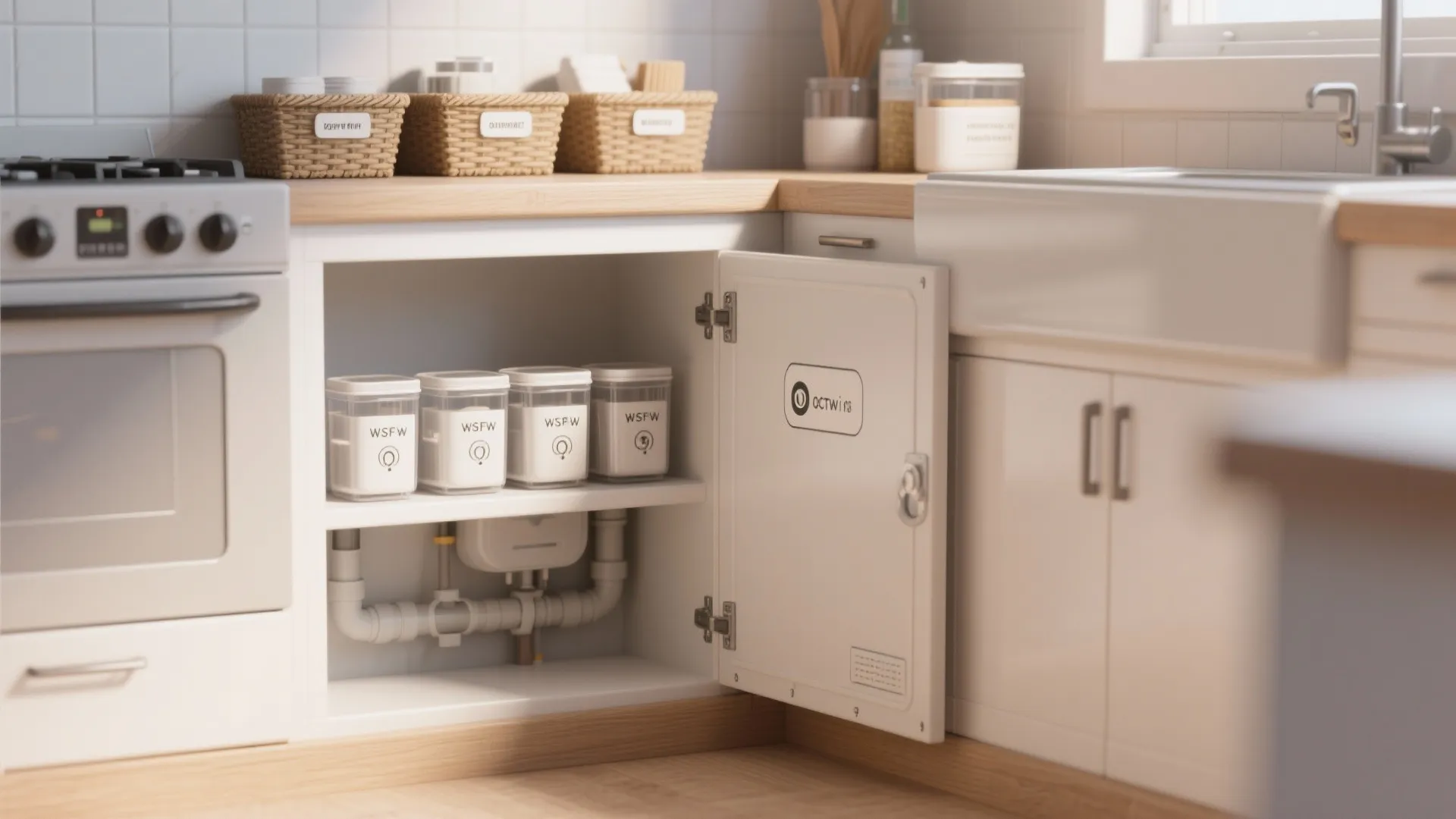 Open white kitchen cabinet storage showing containers organized under the sink and wood counter top