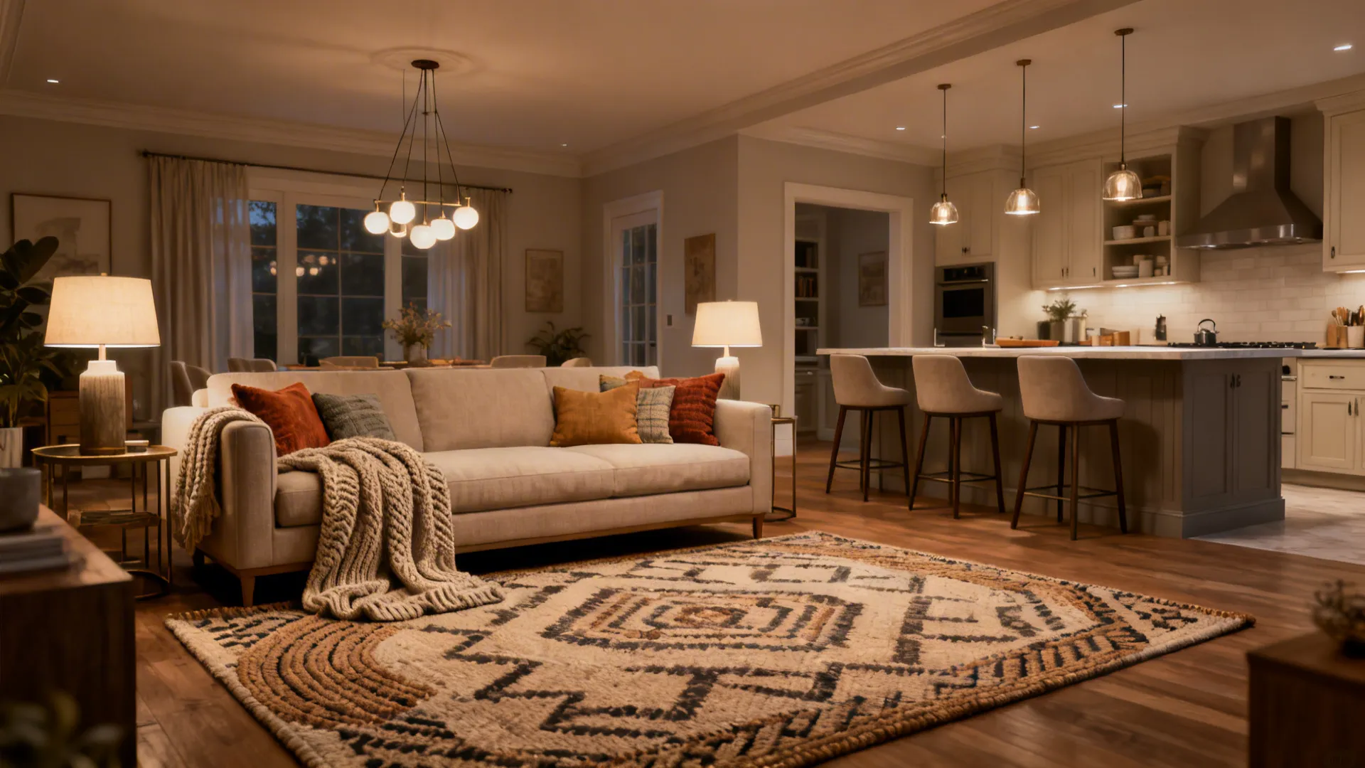 Cozy open concept living room showing layered textures and storage solutions with balanced scale.