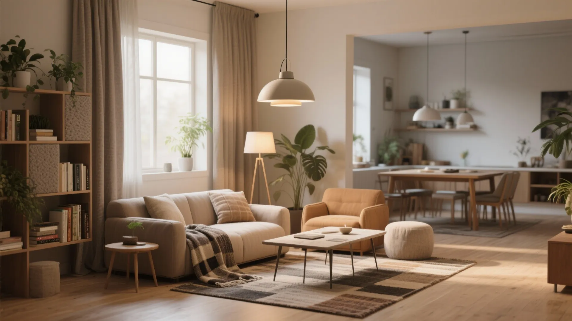 Cozy open-plan scene with rugs, curtains, bookshelf, plants and layered lighting illustrating common FAQ solutions.