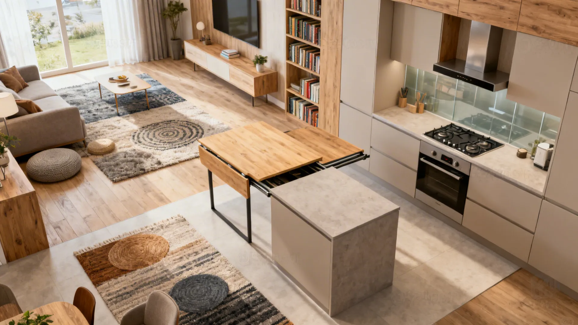 Open plan montage featuring linear kitchen with fold-down dining, L-shape peninsula, acoustic rugs, clear aisles, and perimeter hob.