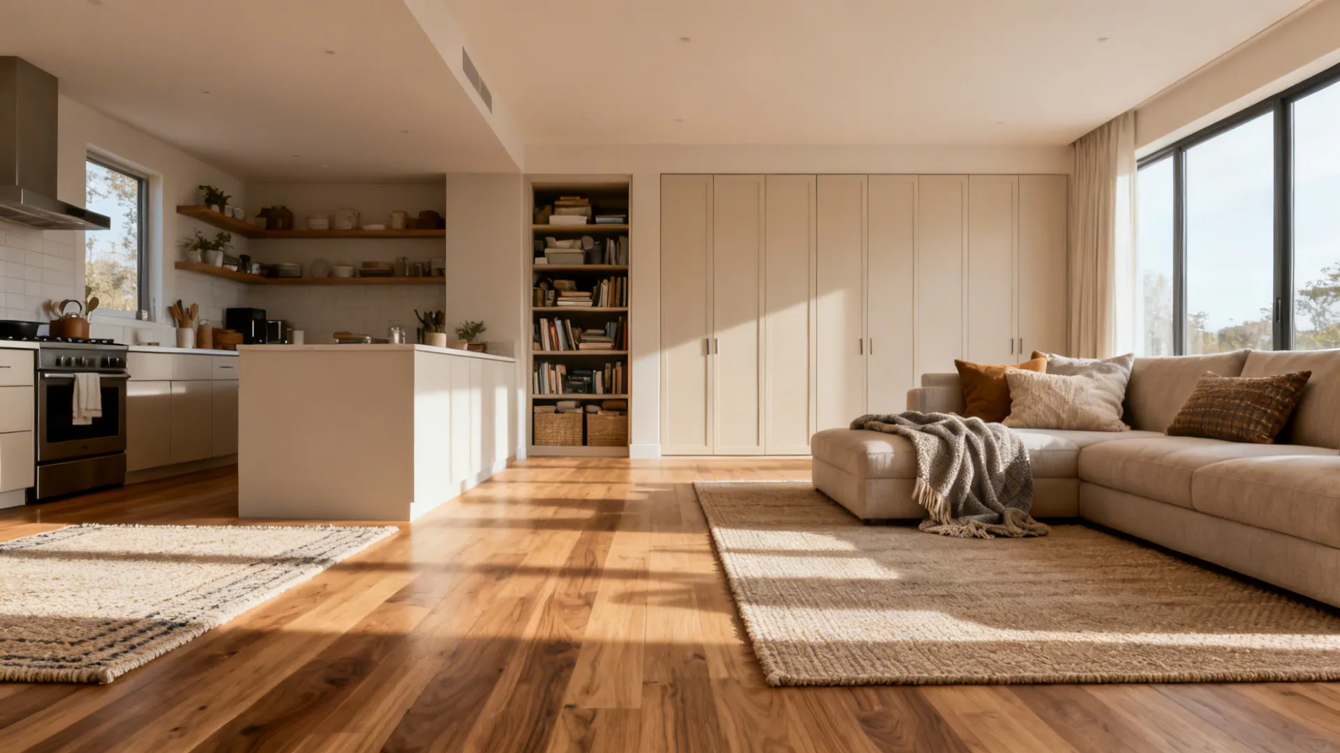 Open-plan solutions showing rugs, closed cabinetry, continuous engineered wood flooring and soft textiles.
