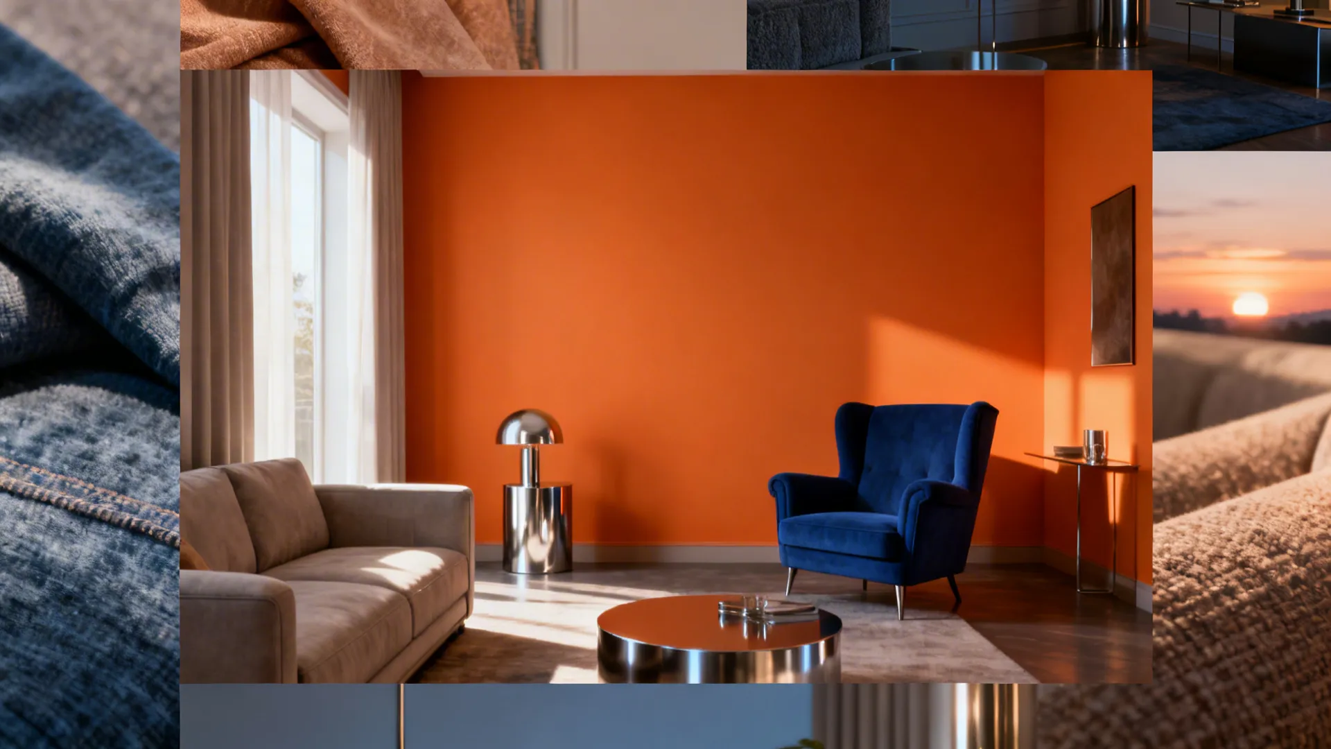 Montage showing lighting, palettes and material examples for orange accent walls