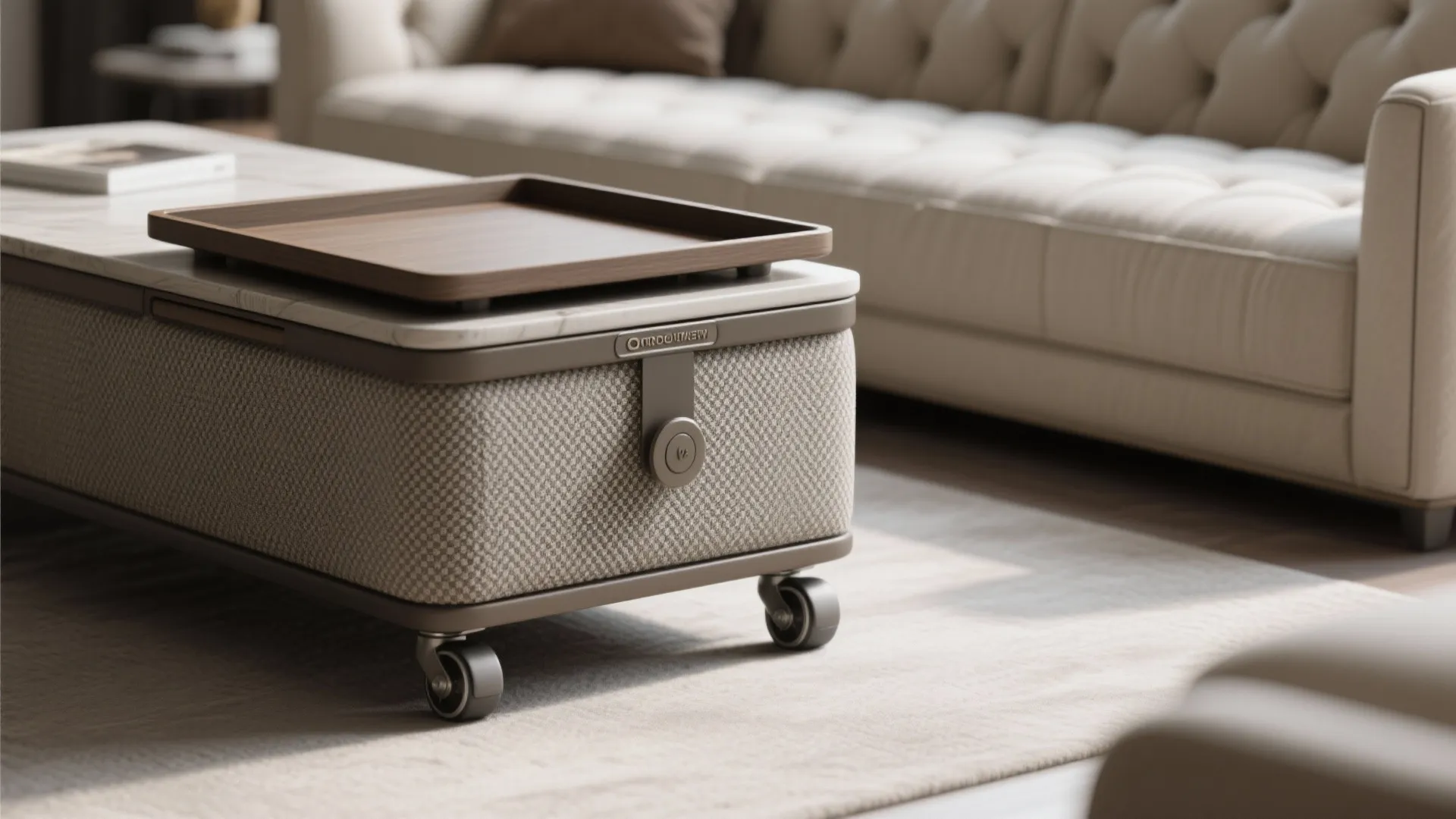Close up of a grey fabric footrest on wheels with a wooden tray on top