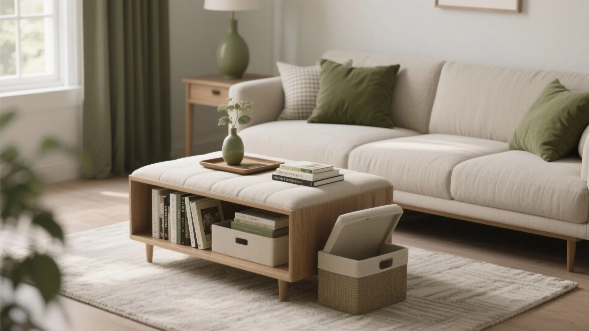 Small living room vignette with ottoman level to sofa, tray, and subtle storage detail.