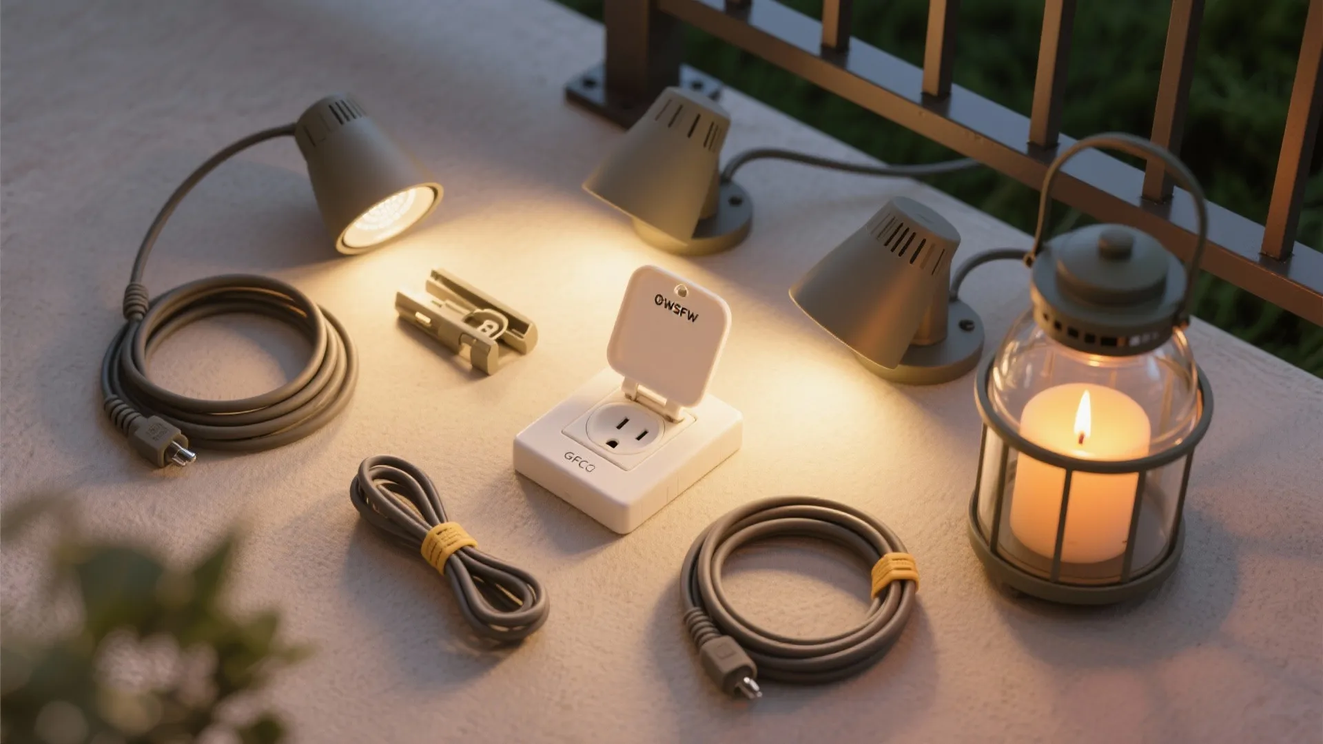 Outdoor lighting set including spotlight and candle lantern with white power outlet and grey power cables