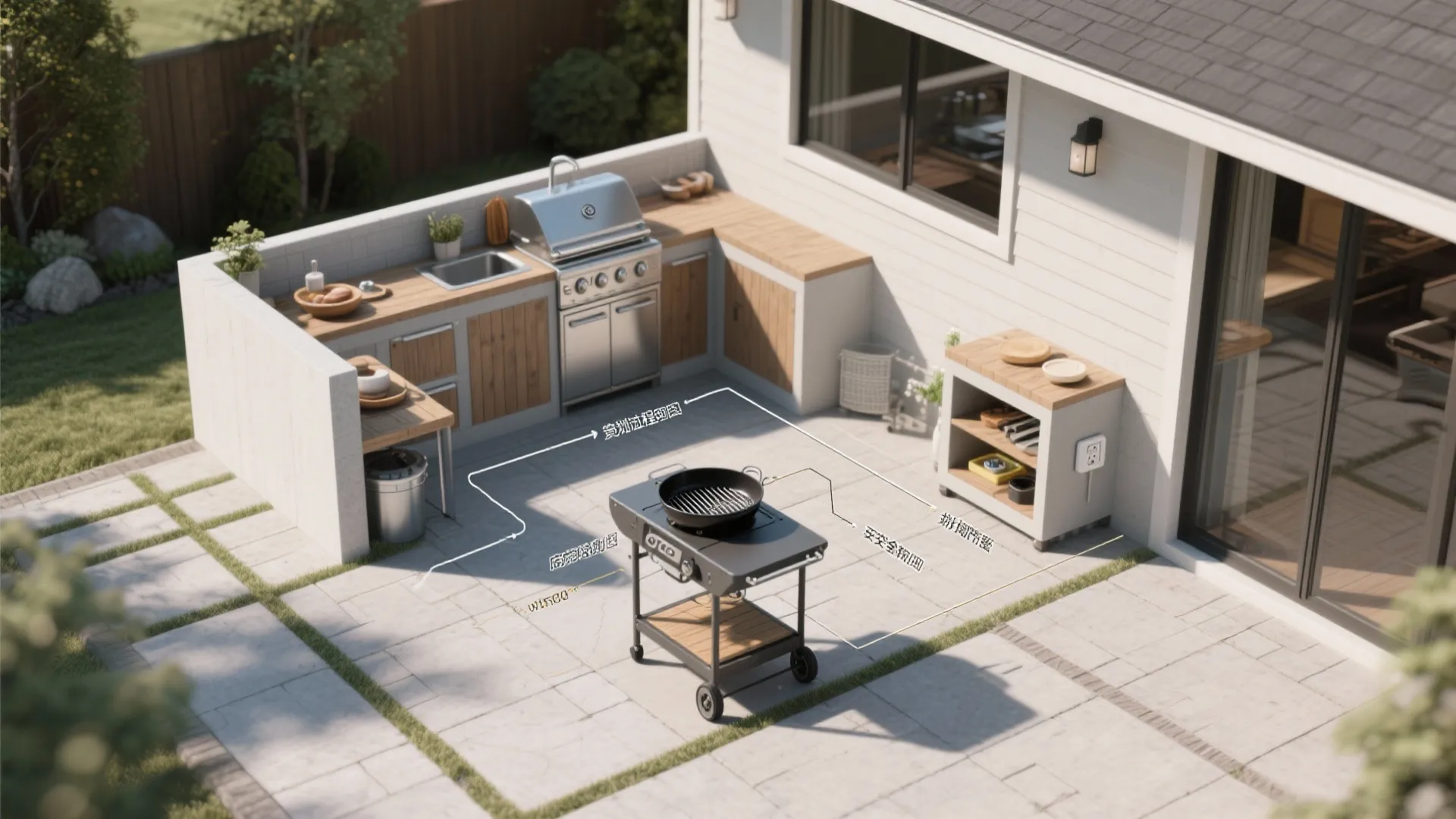 Modern outdoor kitchen layout with stainless steel grill wood cabinets sink and small portable barbecue grill
