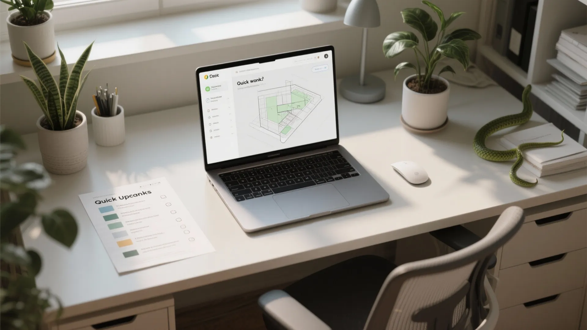 Laptop on white desk showing interior design drawing software with plants and a small lamp