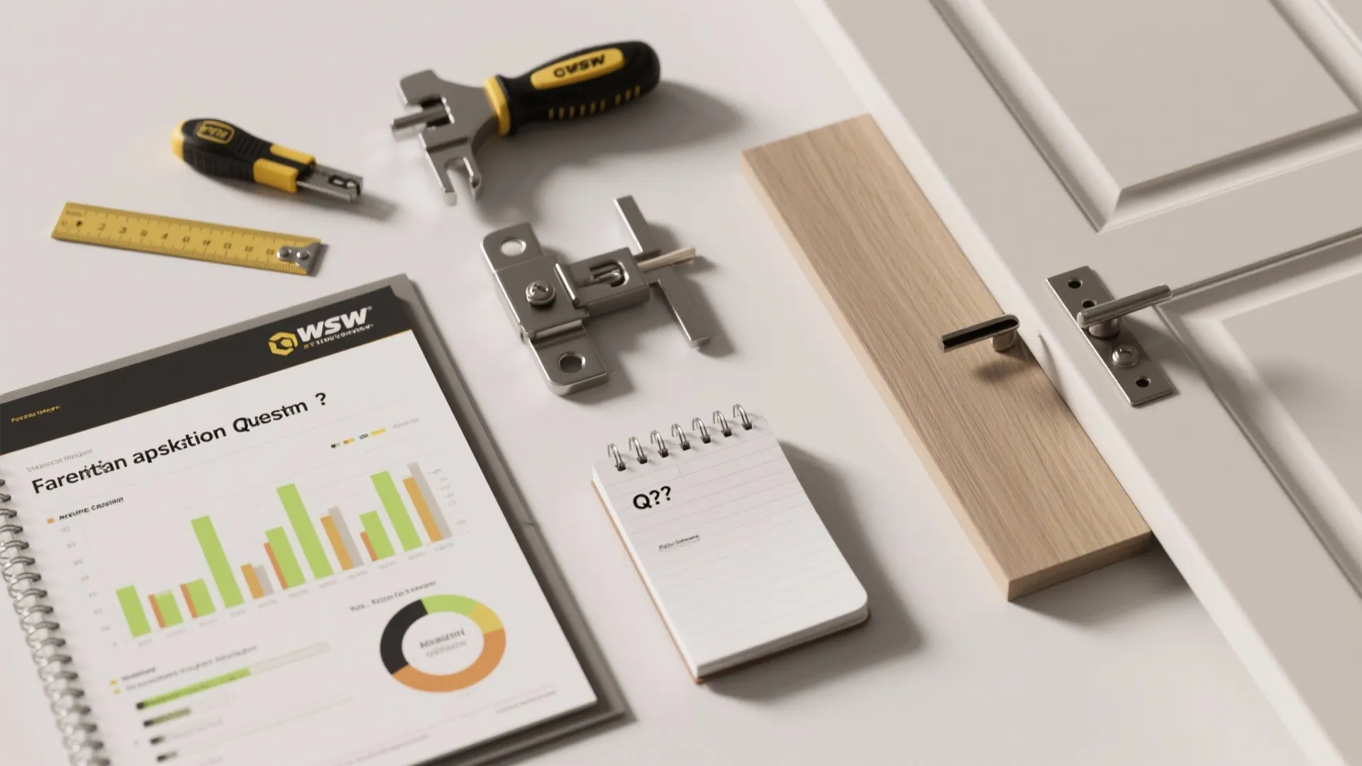 Cabinet door hardware tools and paper documents arranged on a white table for home installation