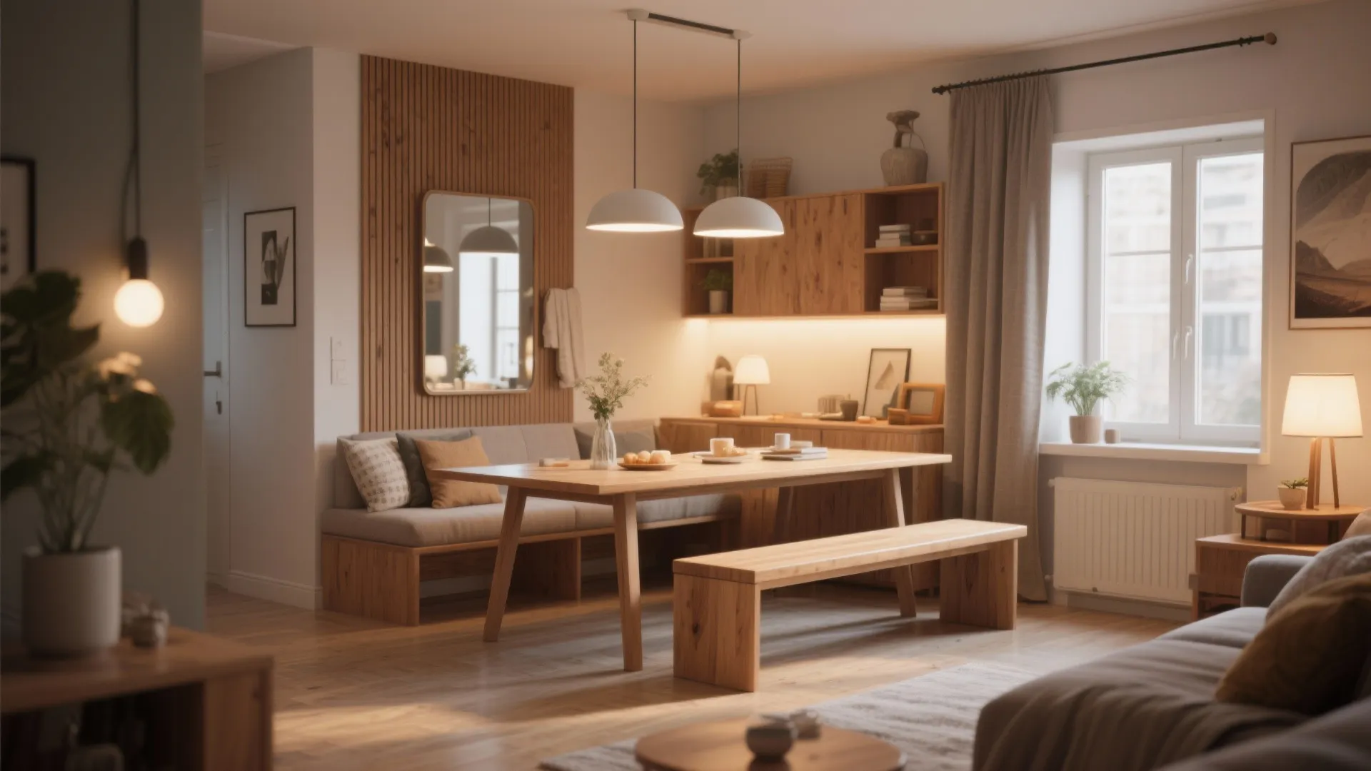Warm dining room with wooden table, long bench, seating nook, hanging lights, and wall panel
