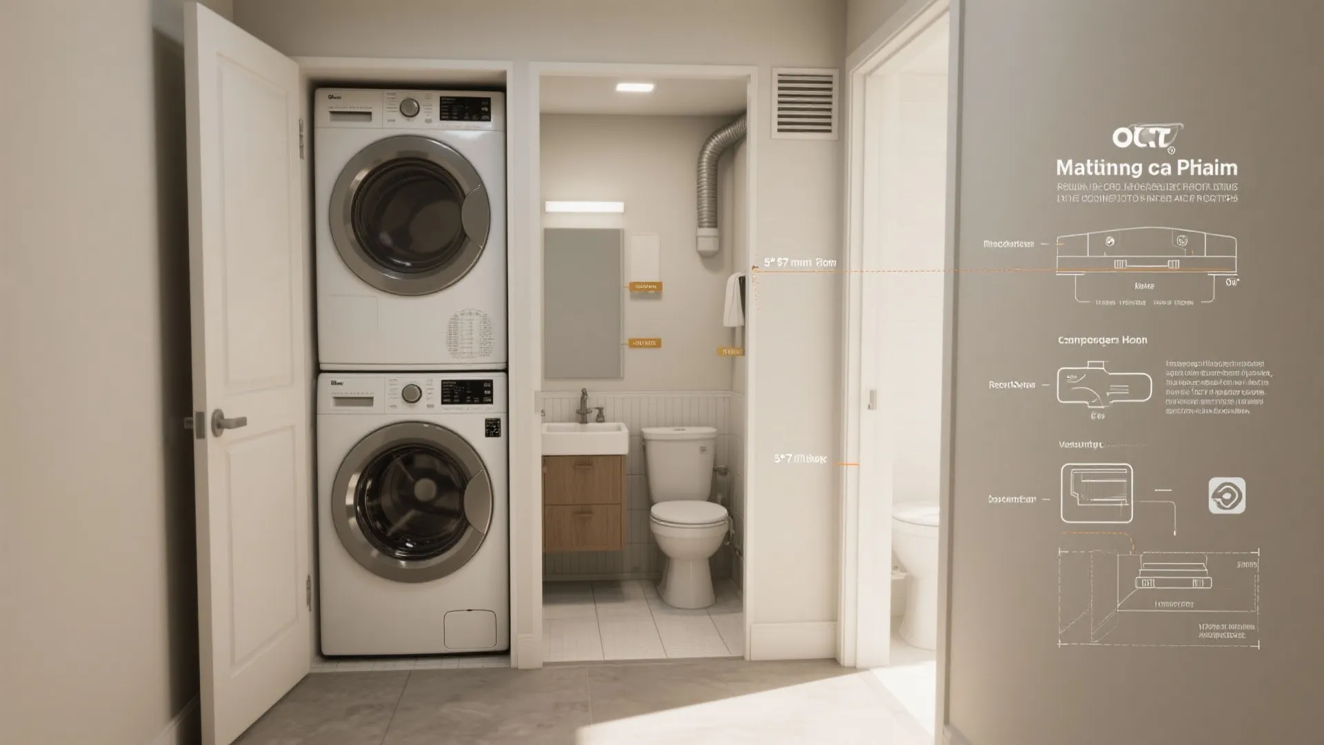 Small laundry room layout with stacked washing machine dryer next to a compact white bathroom
