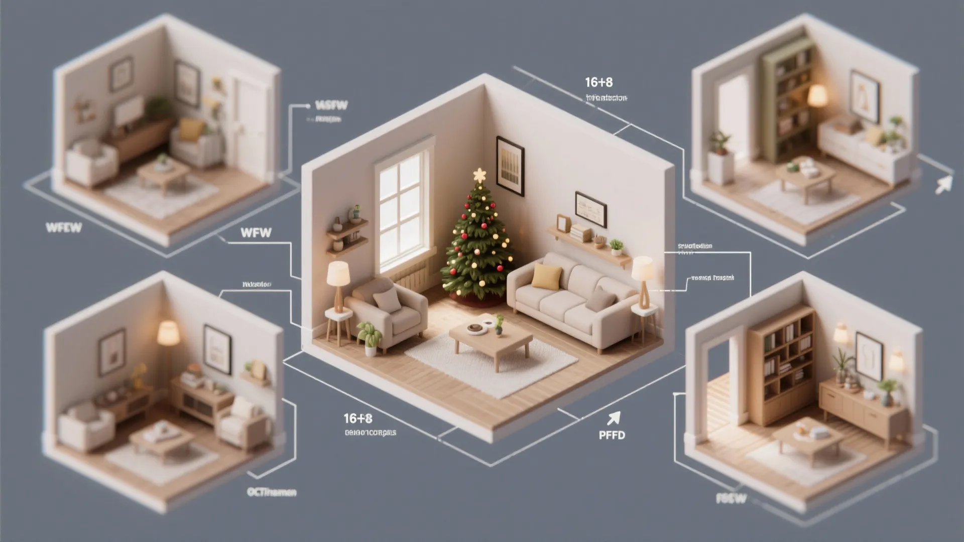 Diagram showing five different living room layout designs with sofa coffee table and Christmas tree
