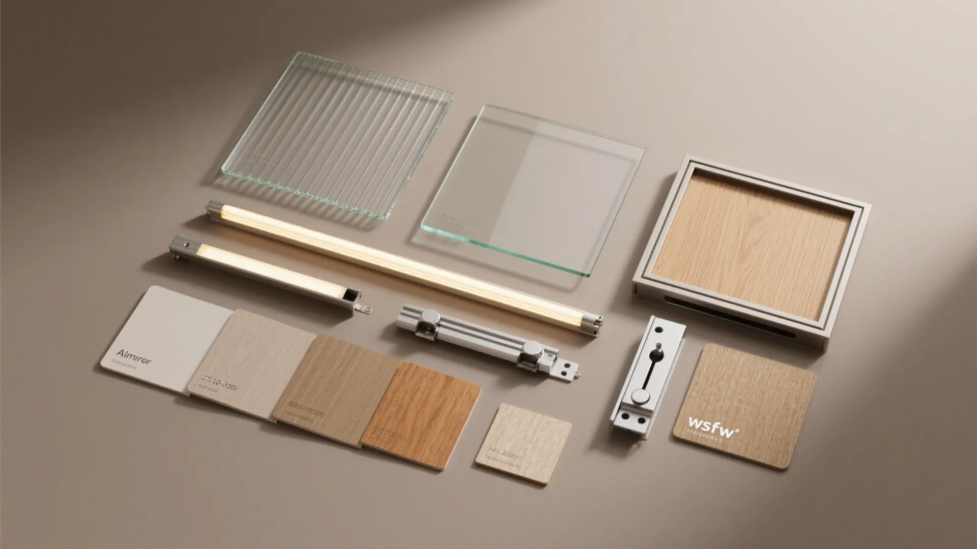 Interior design material board with wood samples glass panels light fixtures and metal hardware components