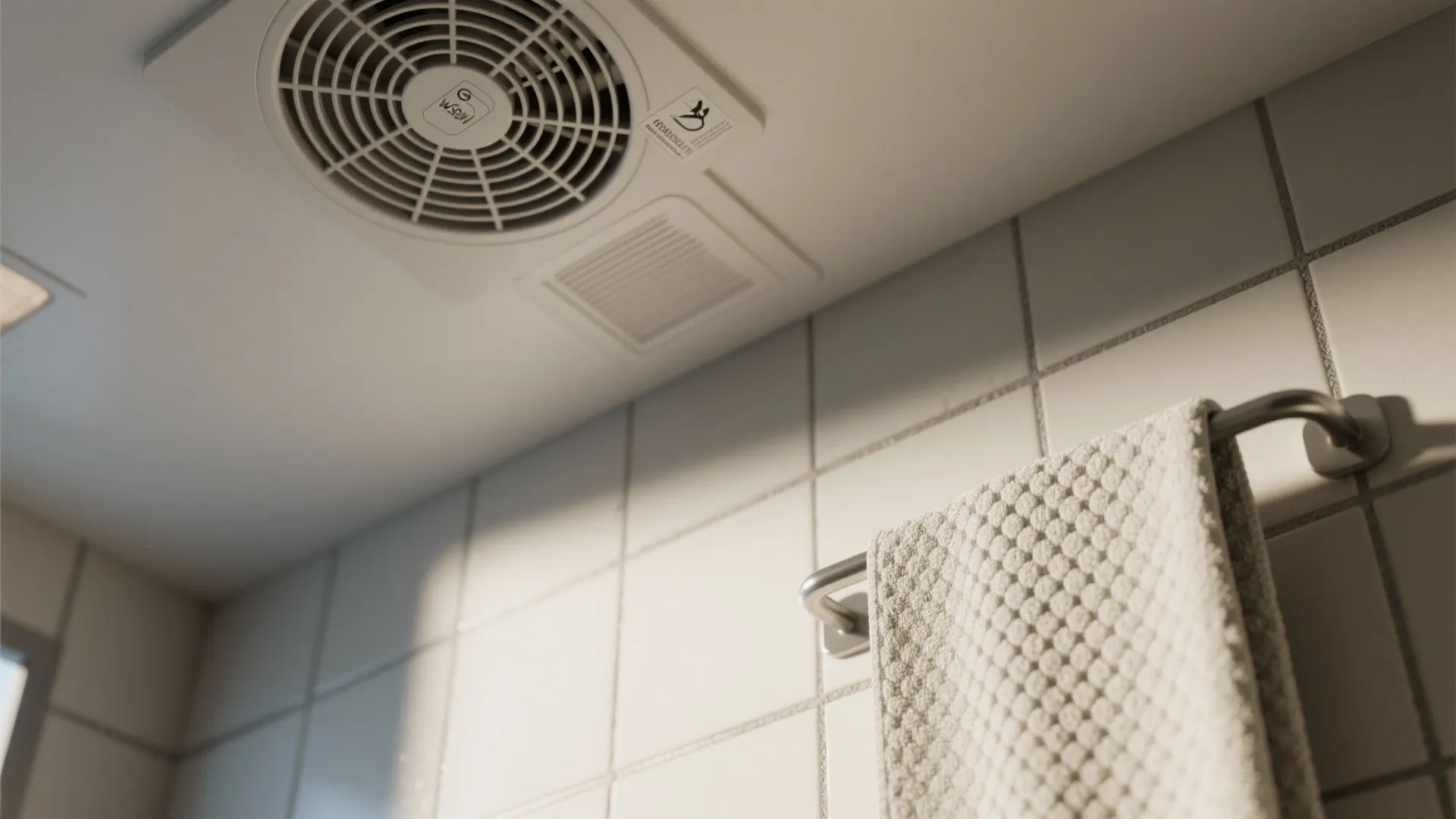 White bathroom ceiling with round exhaust fan near wall tiles and a metal towel rack
