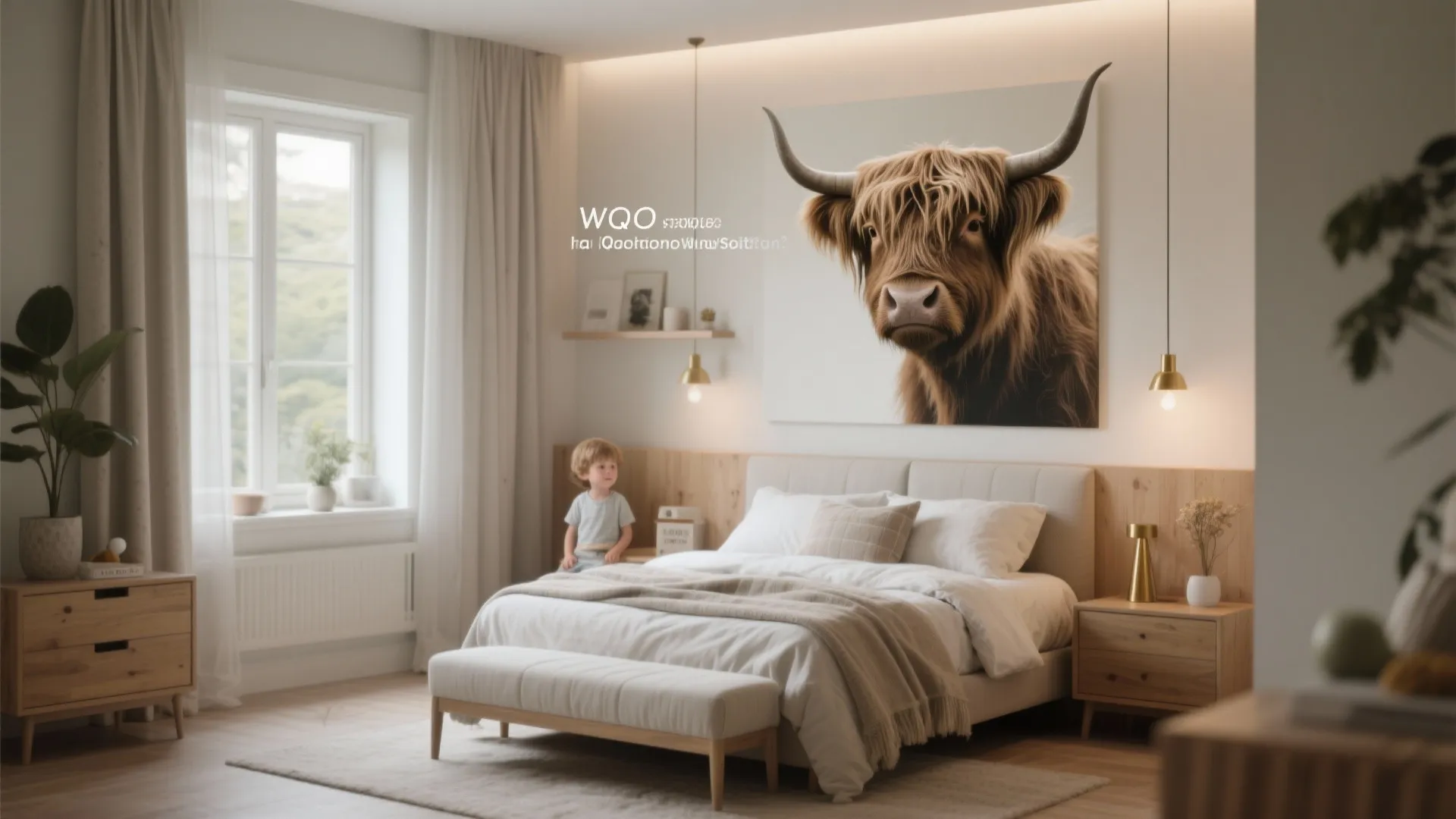 Modern bedroom with large cow picture white bed wooden side tables bright window and hanging lights