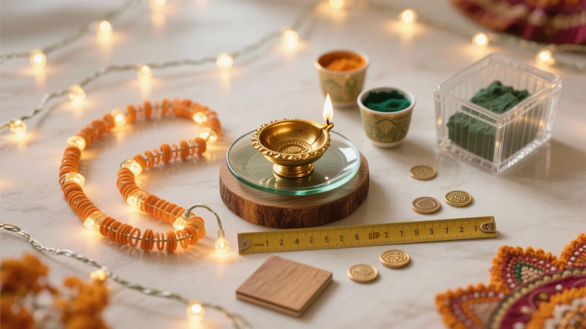 Small brass oil lamp on wood base with measuring tape coins and glowing string lights