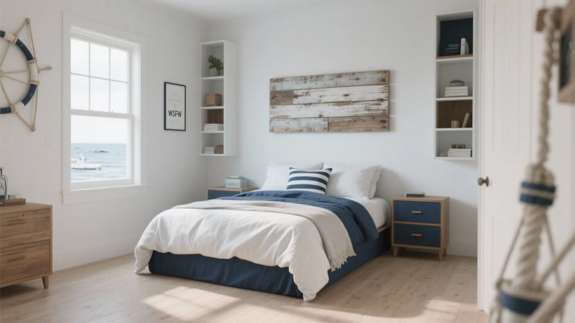 Coastal bedroom with blue and white bedding wooden floor white shelves and large window view