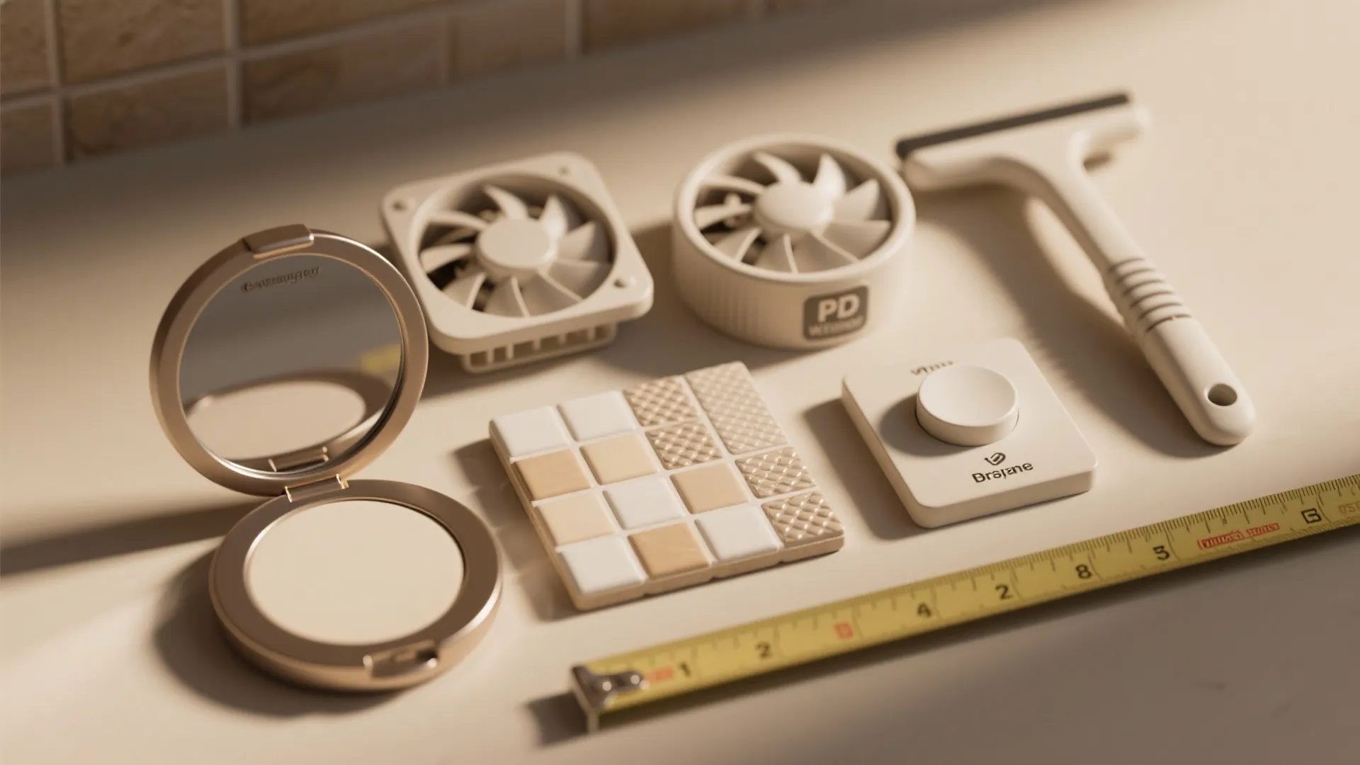 Bathroom renovation tools and accessories including measuring tape small fans light switch and small wall tiles