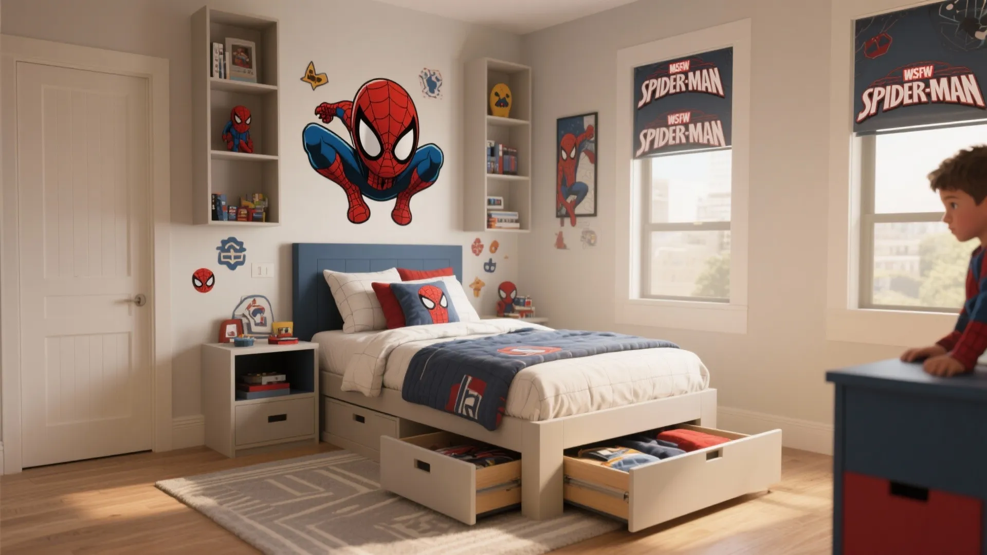 Kids bedroom with superhero wall stickers, white storage bed, blue headboard, and matching window curtains