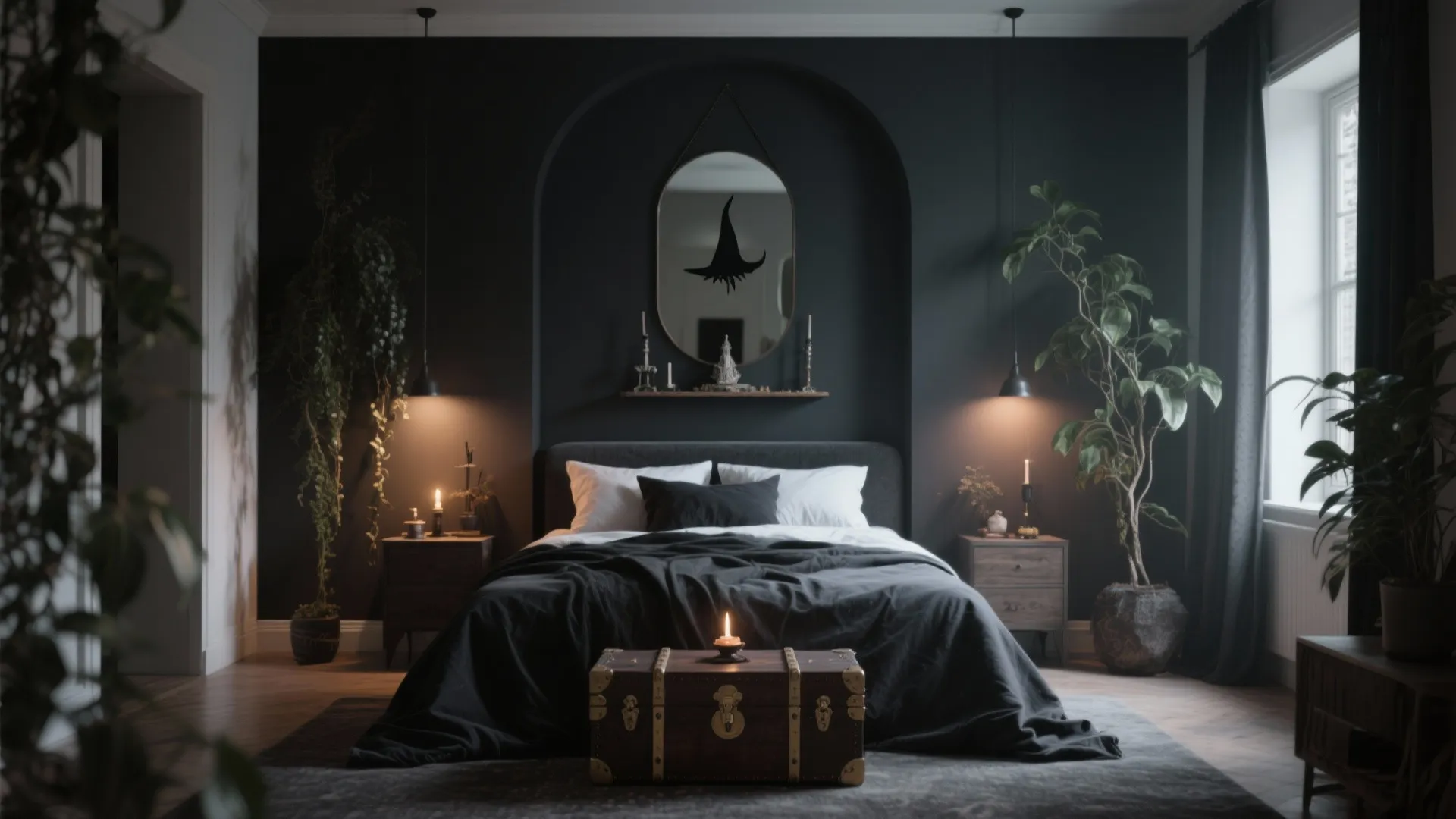 Dark modern bedroom with black walls large plants a storage chest and warm hanging lights