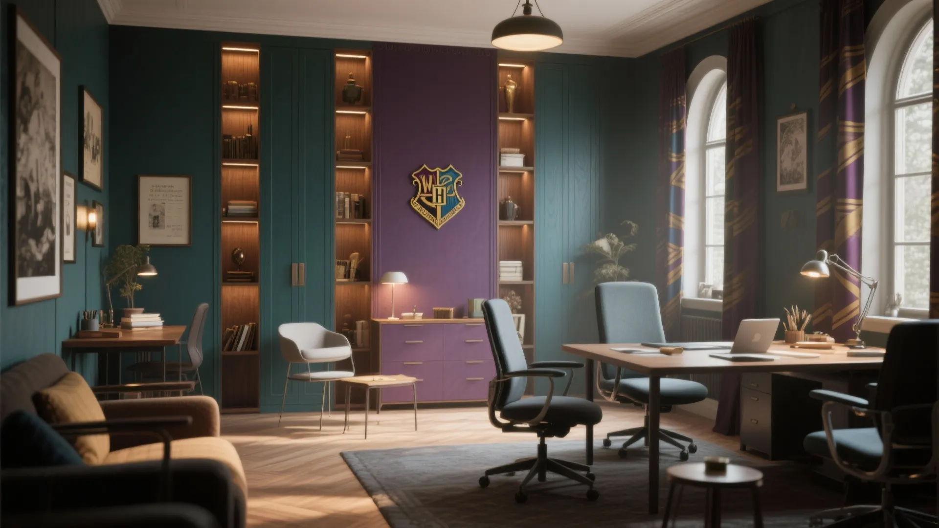 Modern home office with purple accent wall dark cabinets wooden desks laptop and blue office chairs