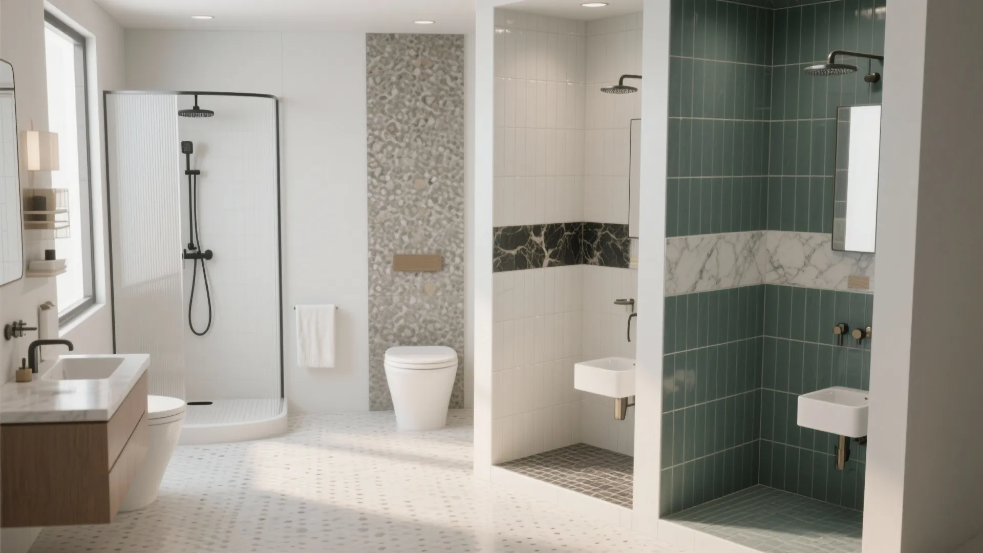 Modern bathroom interior design with toilet glass shower white sink and green wall tiles setup