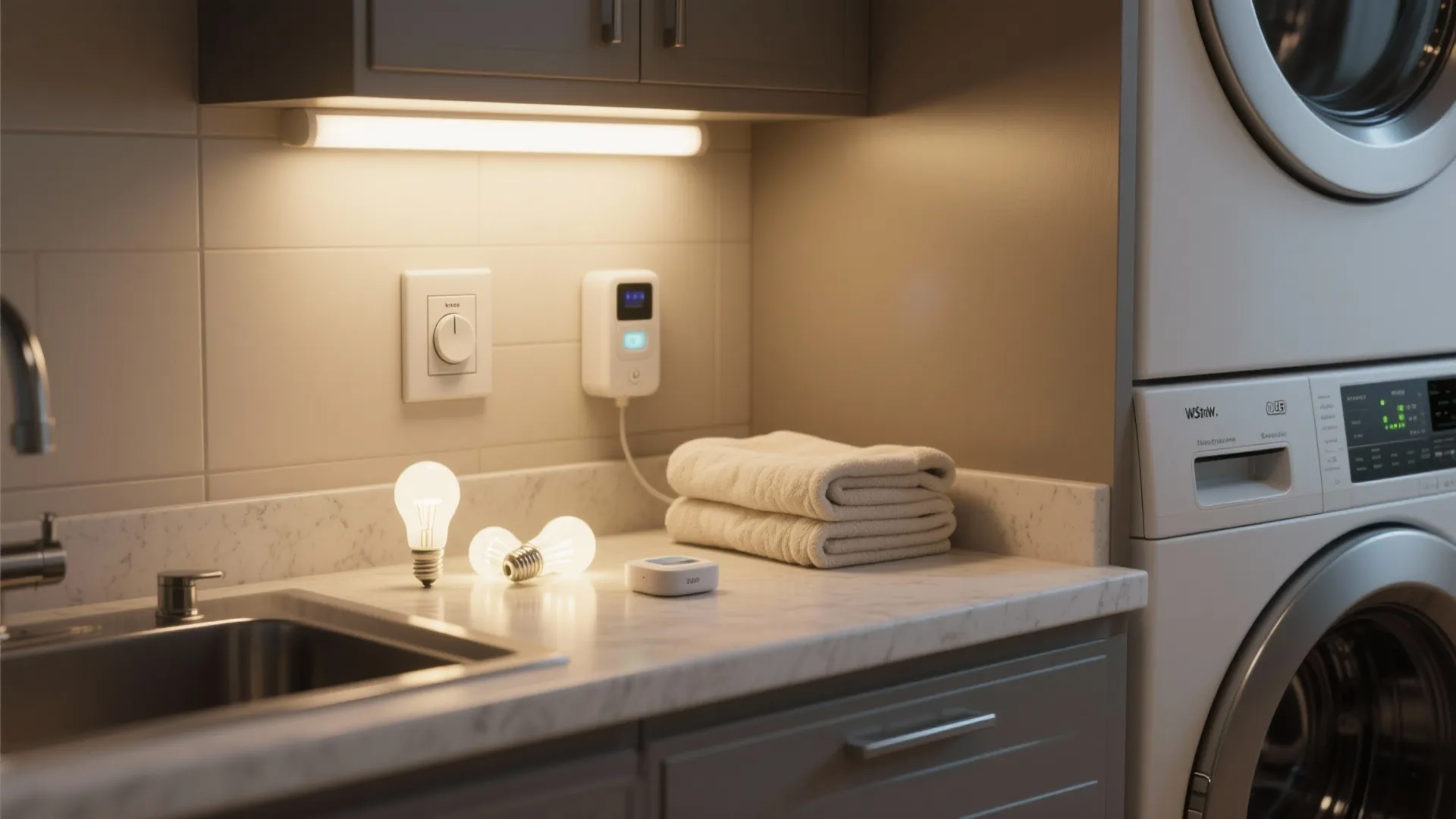 Modern laundry room counter with light bulbs stacked towels washing machine and under cabinet lighting strip