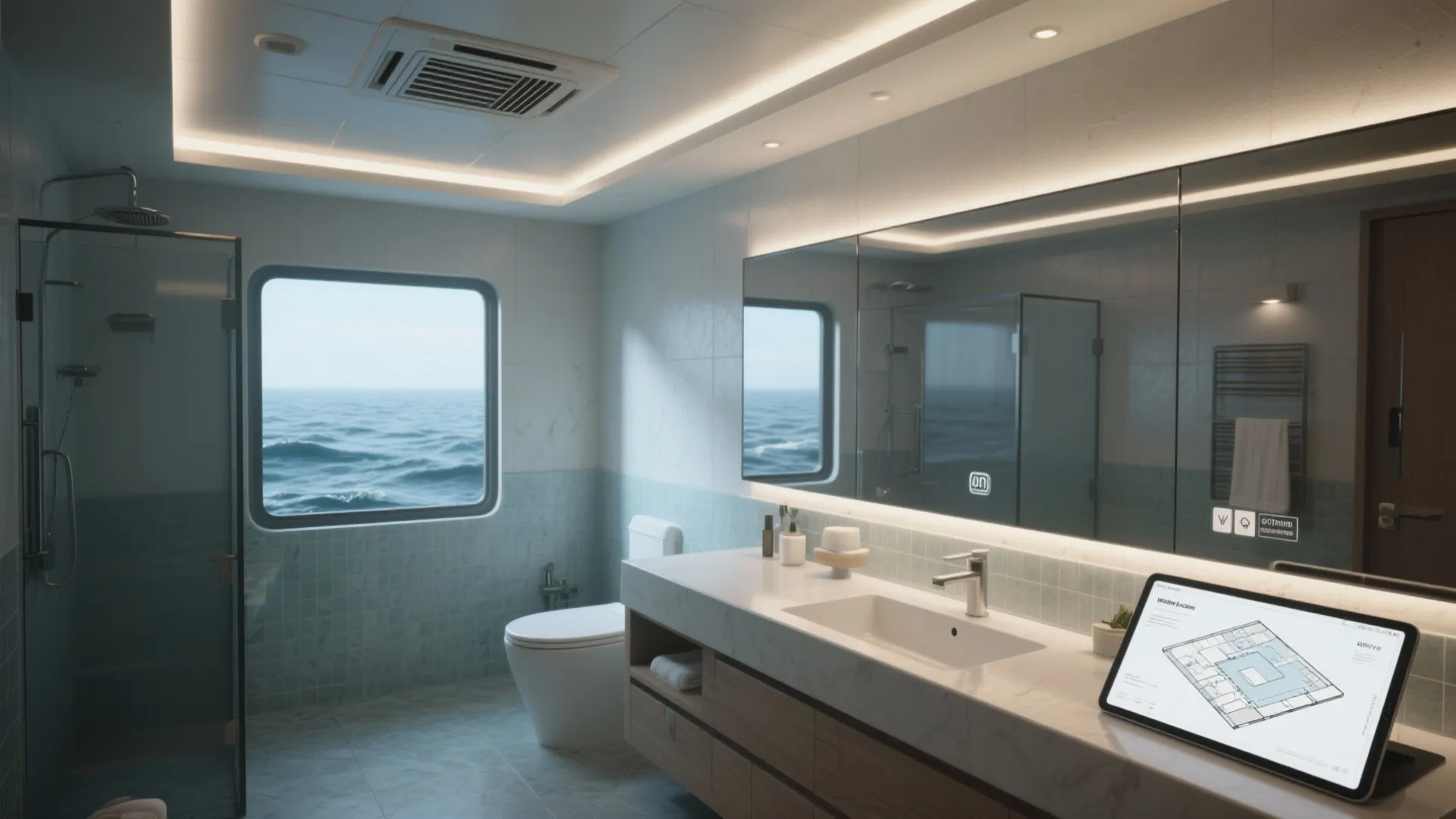 Modern bathroom interior design with ocean view window large mirror toilet and wooden sink cabinet