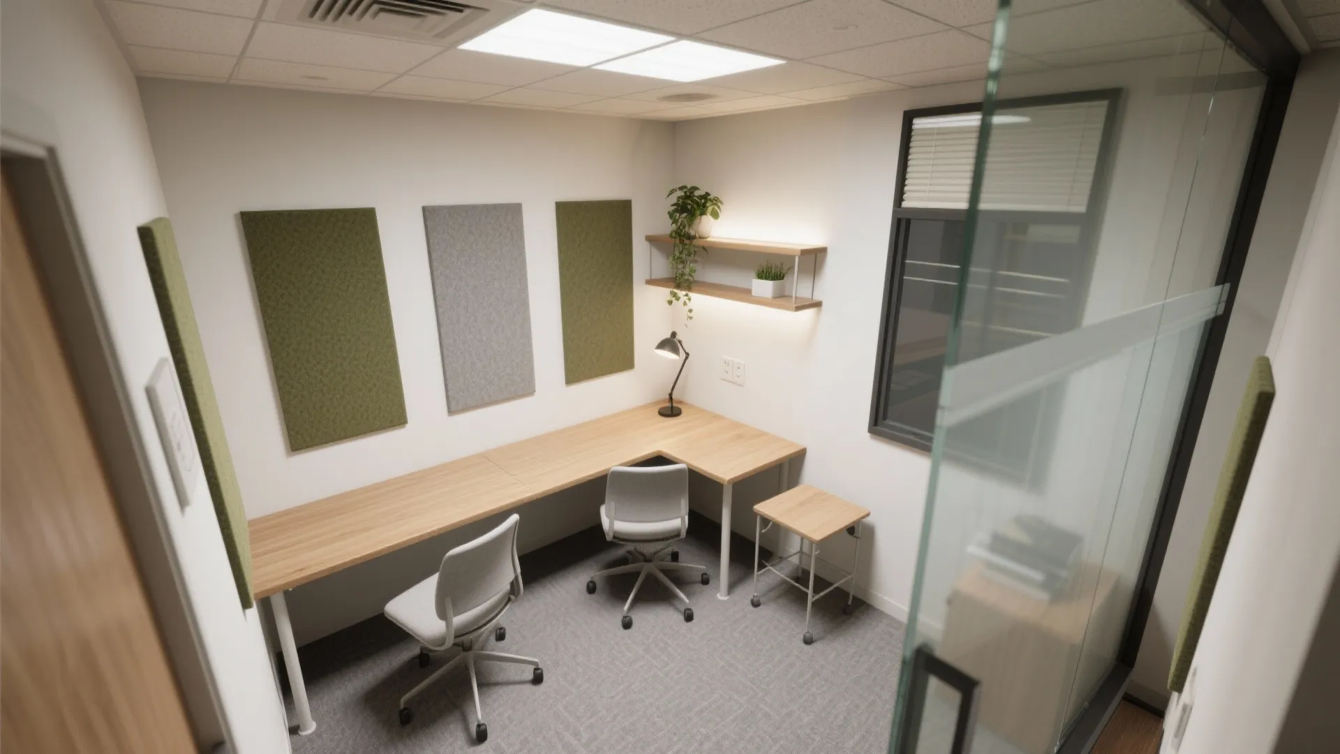 Top-down layout of a compact study room showing an L-shaped desk, glass partition with a frosted band, acoustic panels, and layered lighting.