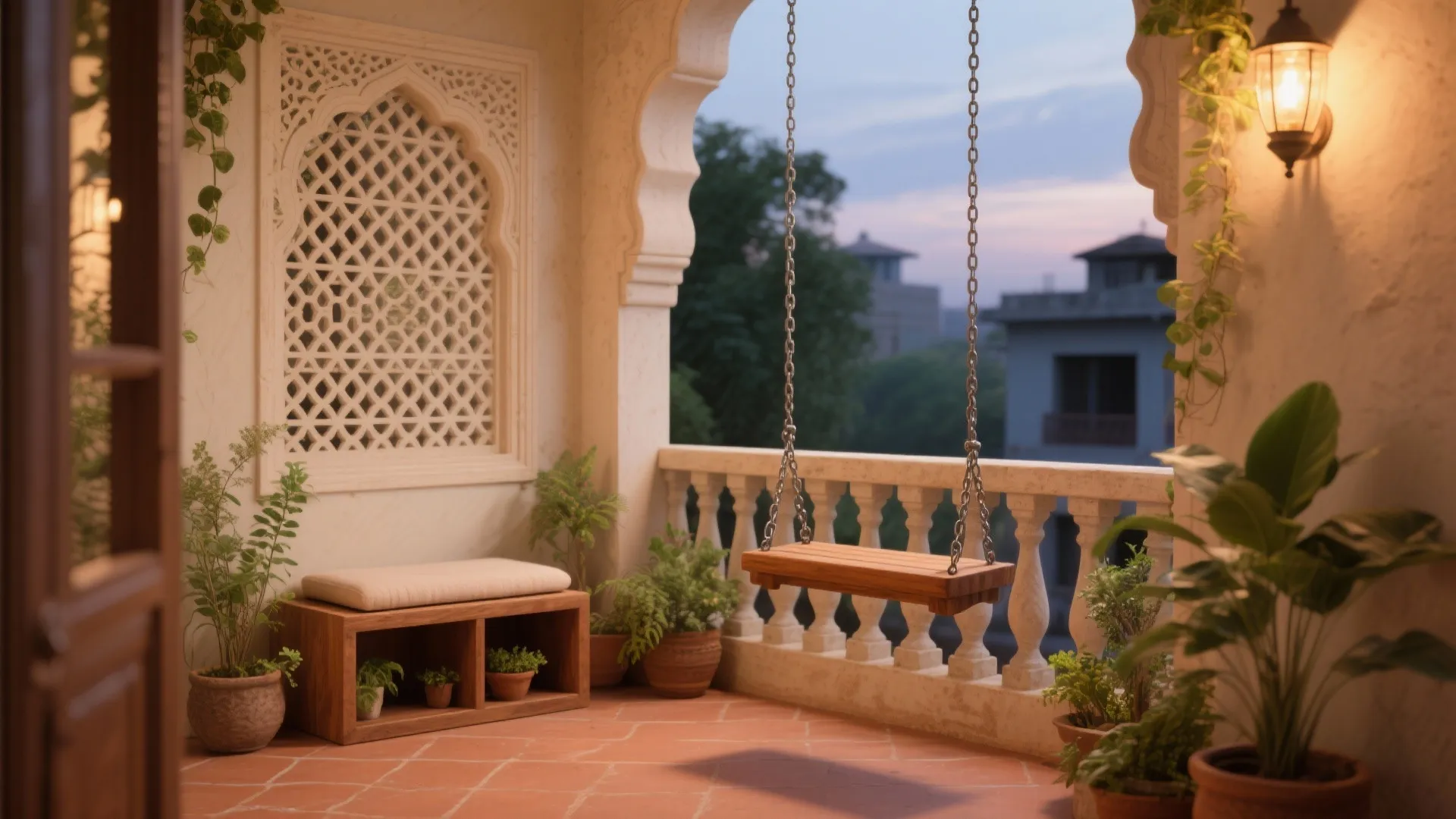Traditional balcony with wooden swing seat stone railing wall light small bench and many potted plants