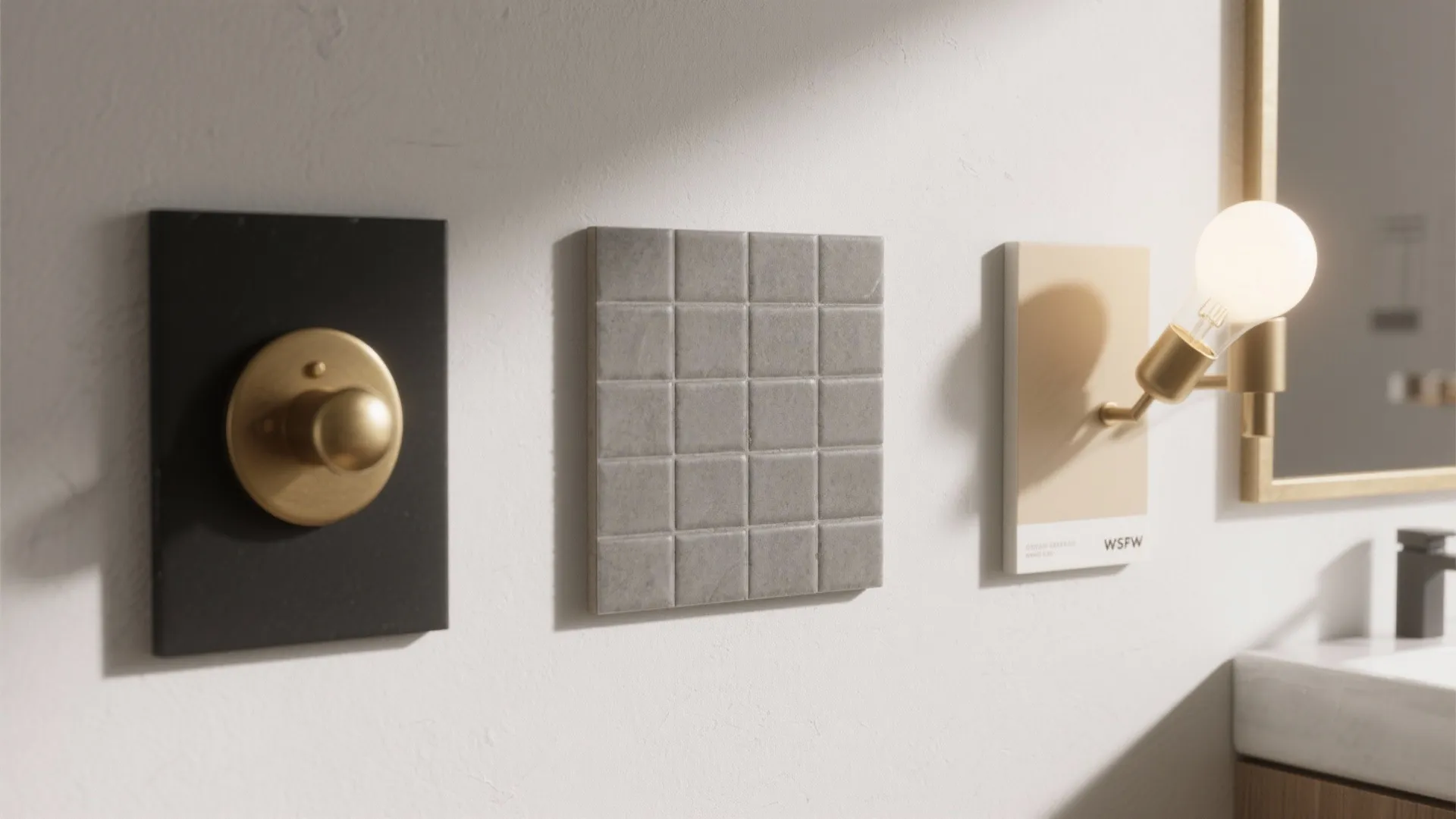 Interior design mood board showing gold door handle grey tiles paint swatch and wall light