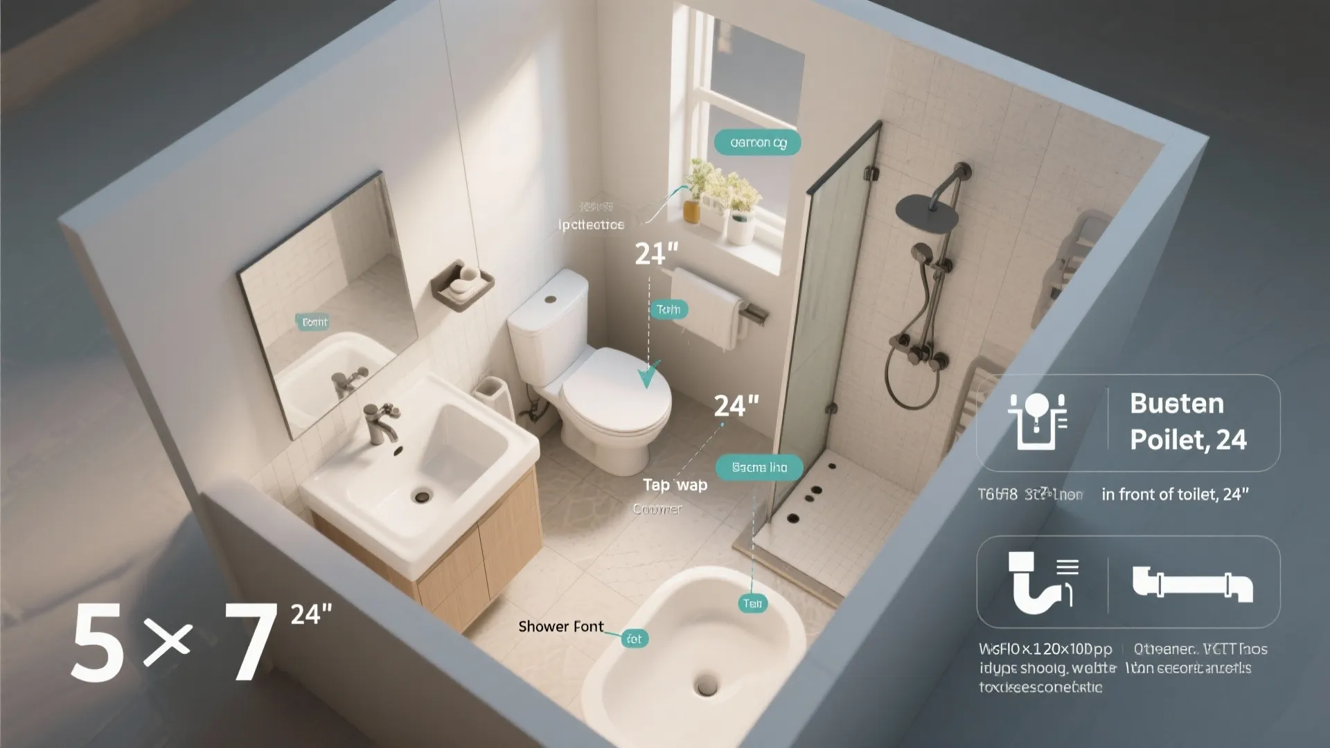 Small bathroom layout design showing 5x7 space with toilet sink shower and clear dimension labels