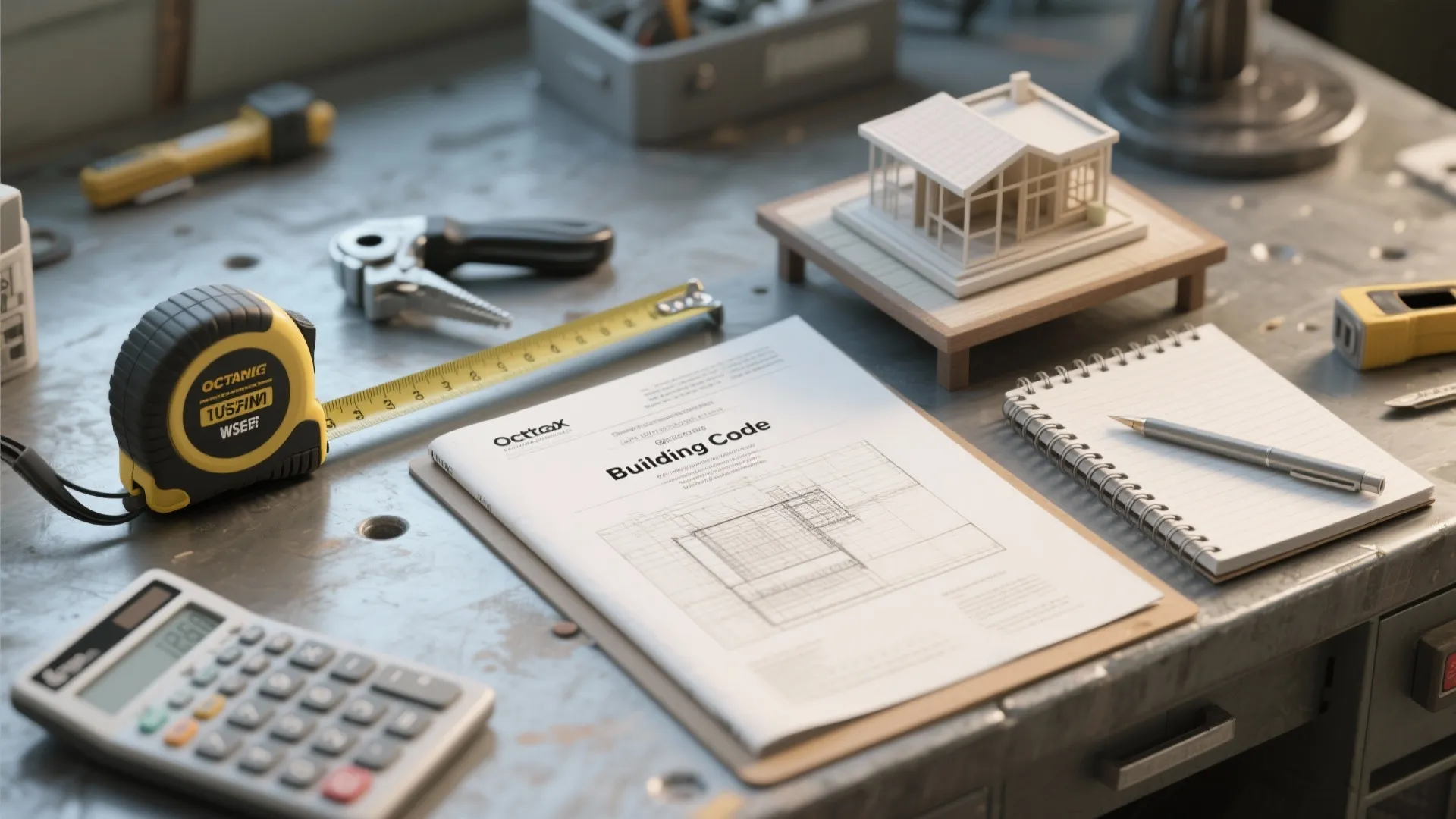 Workbench with building code documents a small house model measuring tape notebook and a calculator