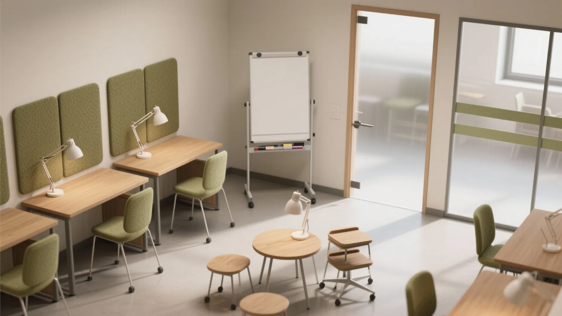 Modern office interior with wooden desks green chairs wall panels table lamps and a mobile whiteboard