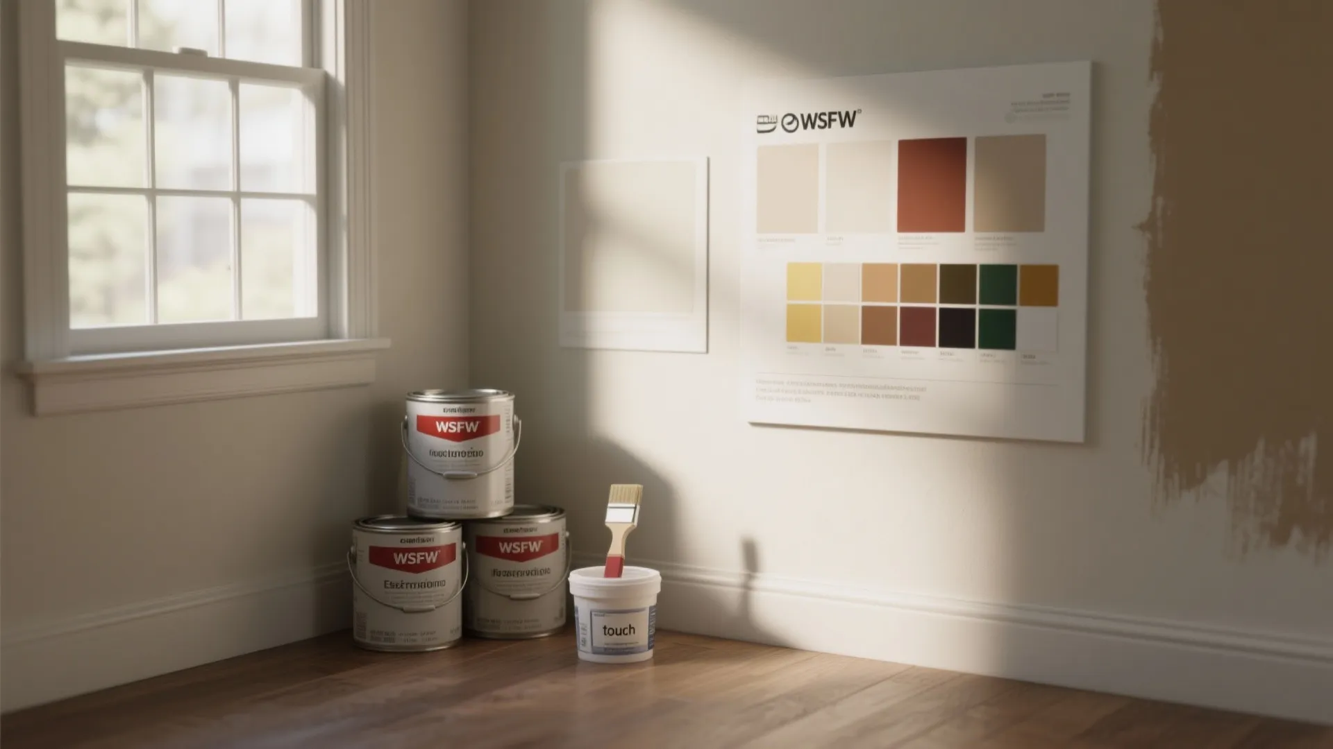 Staged corner with paint cans, labeled touch-up pot, and swatches for FAQ reference.