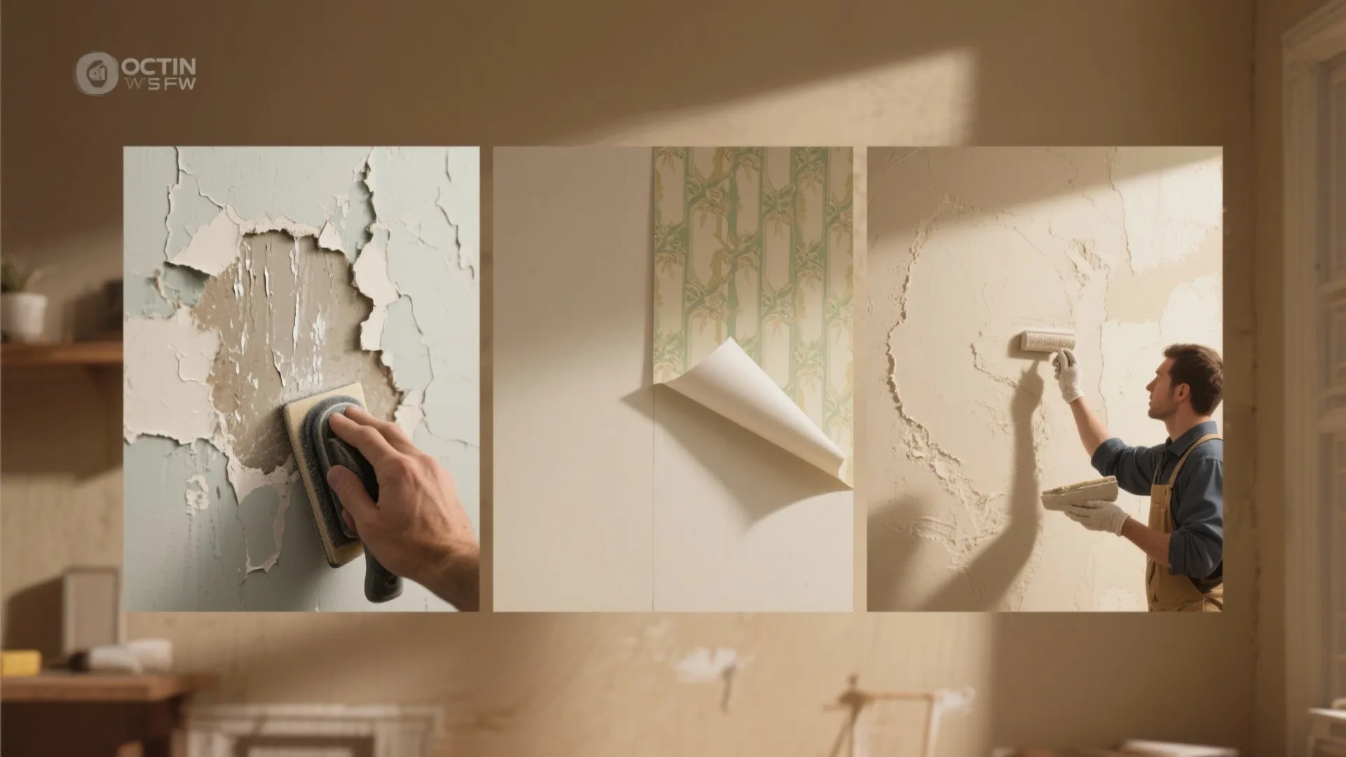 Editorial collage of common peeling paint causes and practical solutions: moisture, sanding, wallpaper, and professional repair.