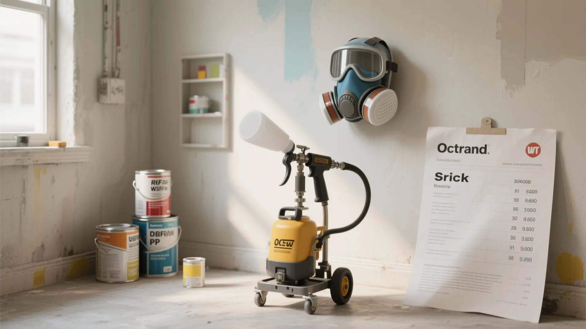 Yellow paint sprayer machine with paint cans and a safety mask on the white wall