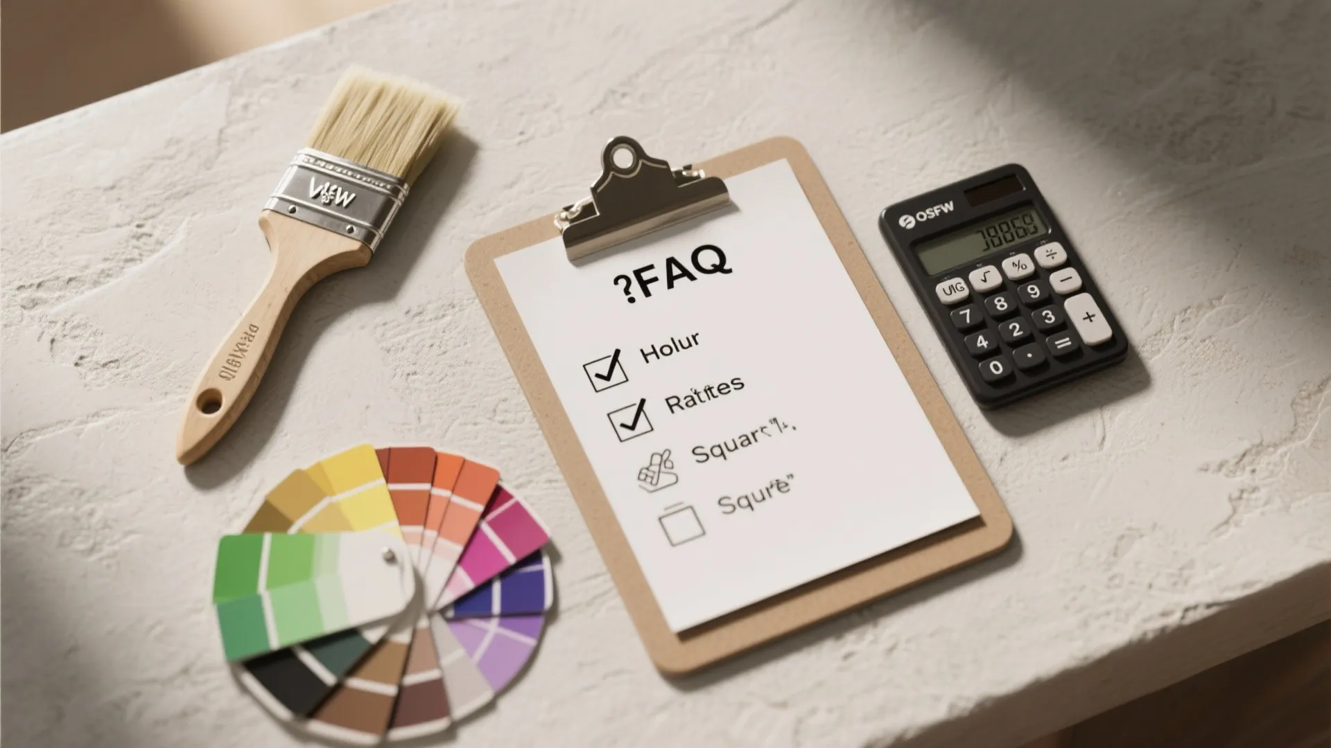 Flatlay of paintbrush, calculator, cost icons and a checklist summarizing painting FAQs and price ranges.