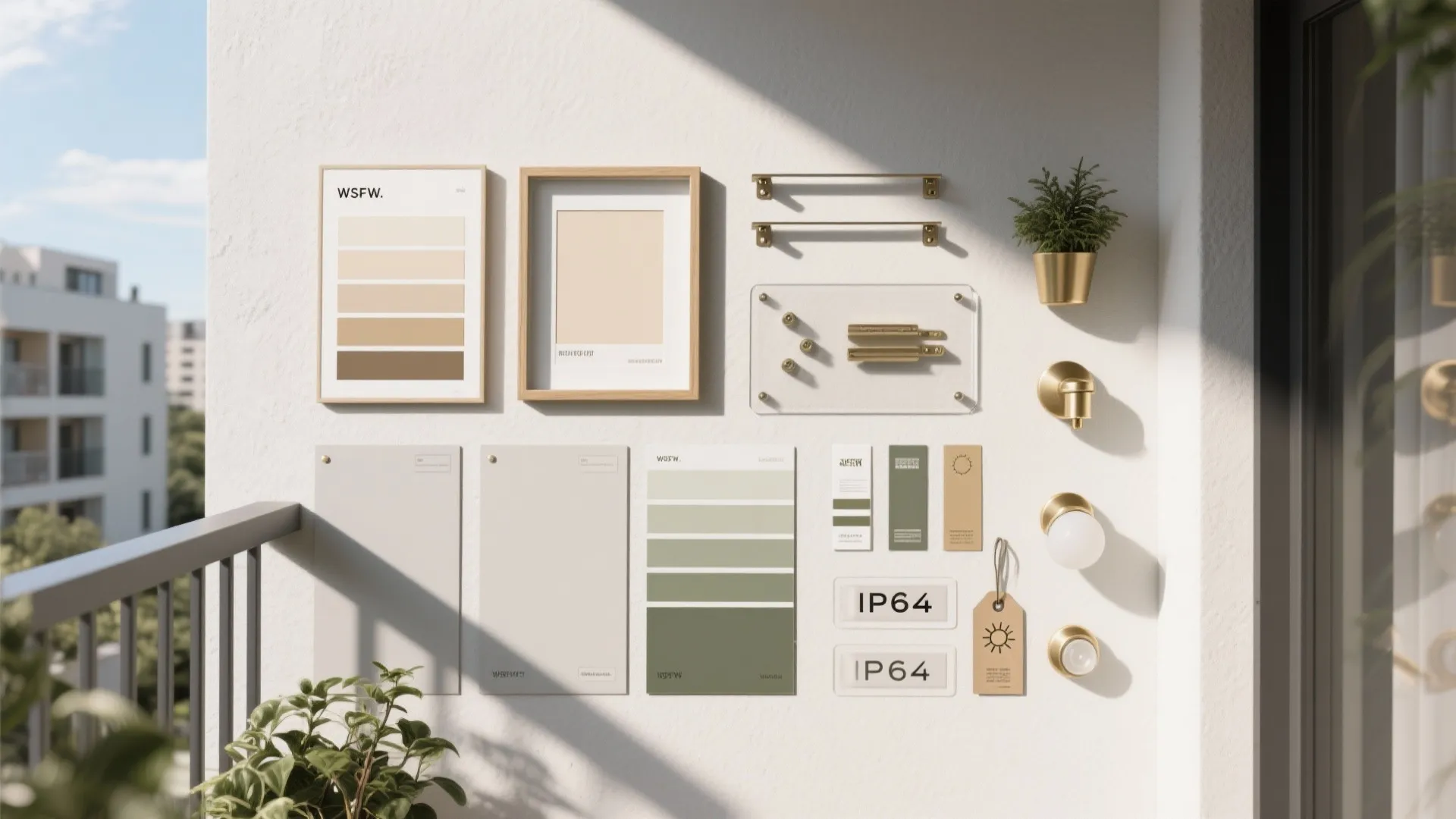 Outdoor balcony wall with color paint samples golden hooks and small green plant in pot