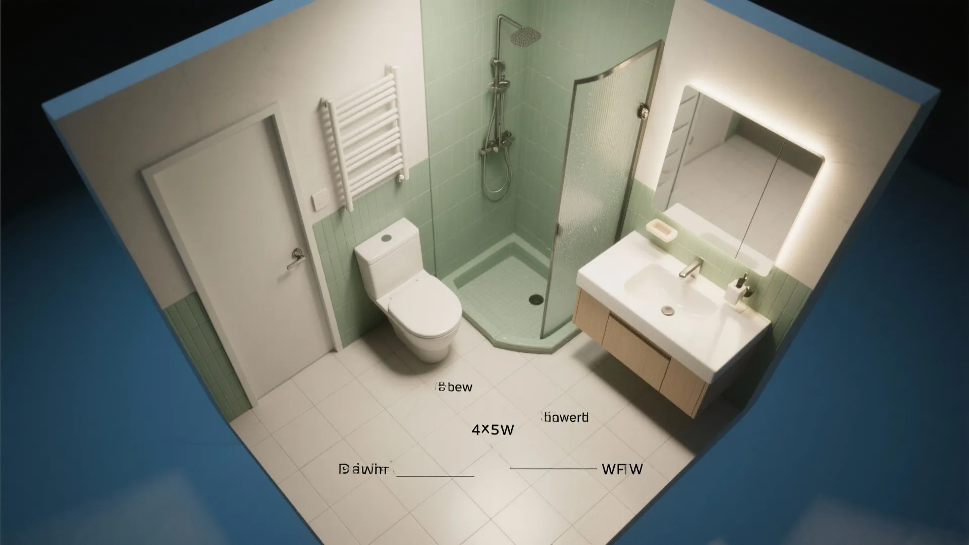 Small bathroom interior design drawing showing green tiles with glass shower white sink and toilet